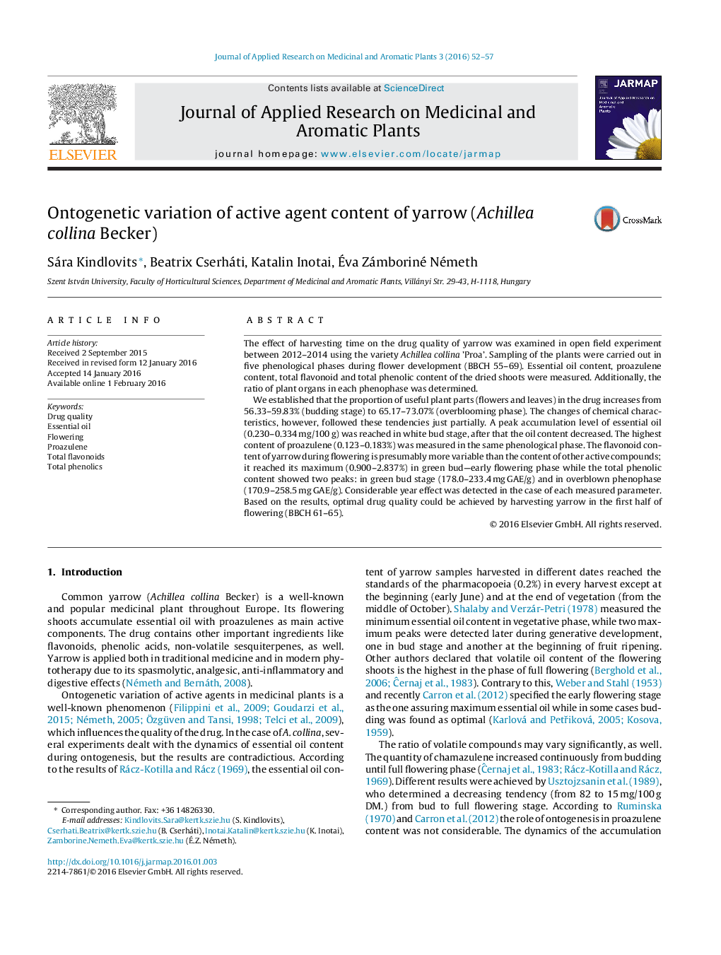 Ontogenetic variation of active agent content of yarrow (Achillea collina Becker)