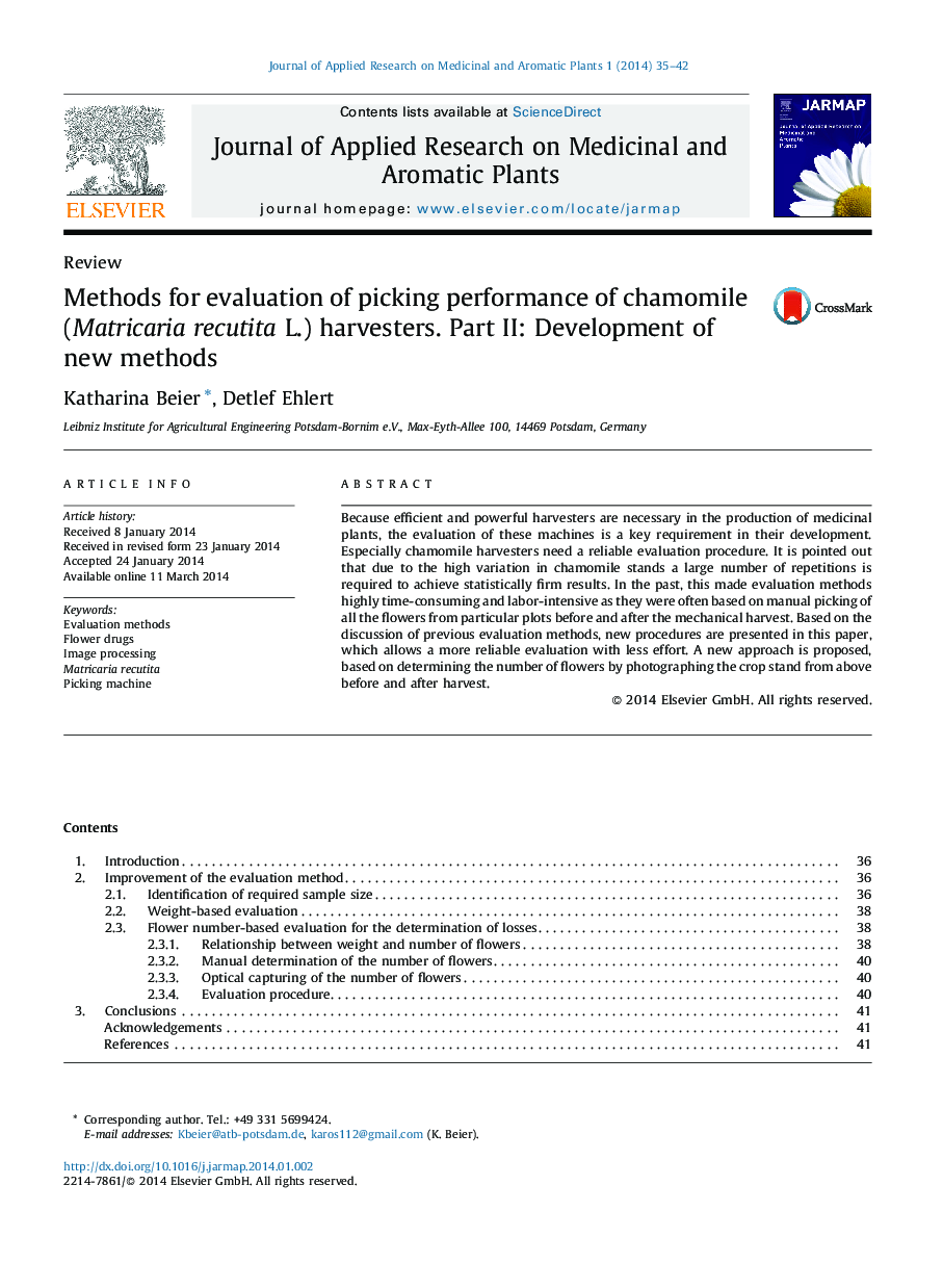 Methods for evaluation of picking performance of chamomile (Matricaria recutita L.) harvesters. Part II: Development of new methods