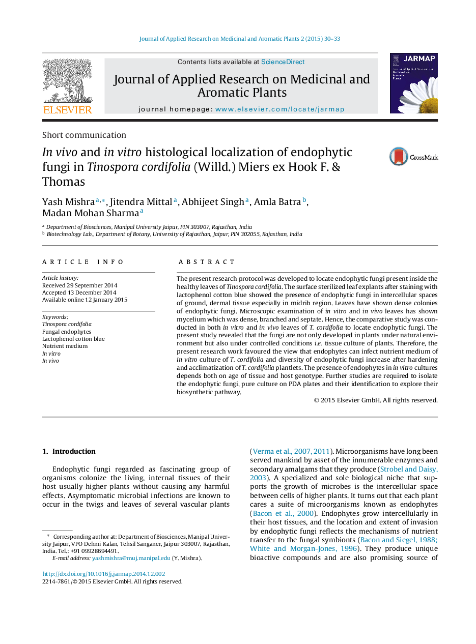 In vivo and in vitro histological localization of endophytic fungi in Tinospora cordifolia (Willd.) Miers ex Hook F. & Thomas