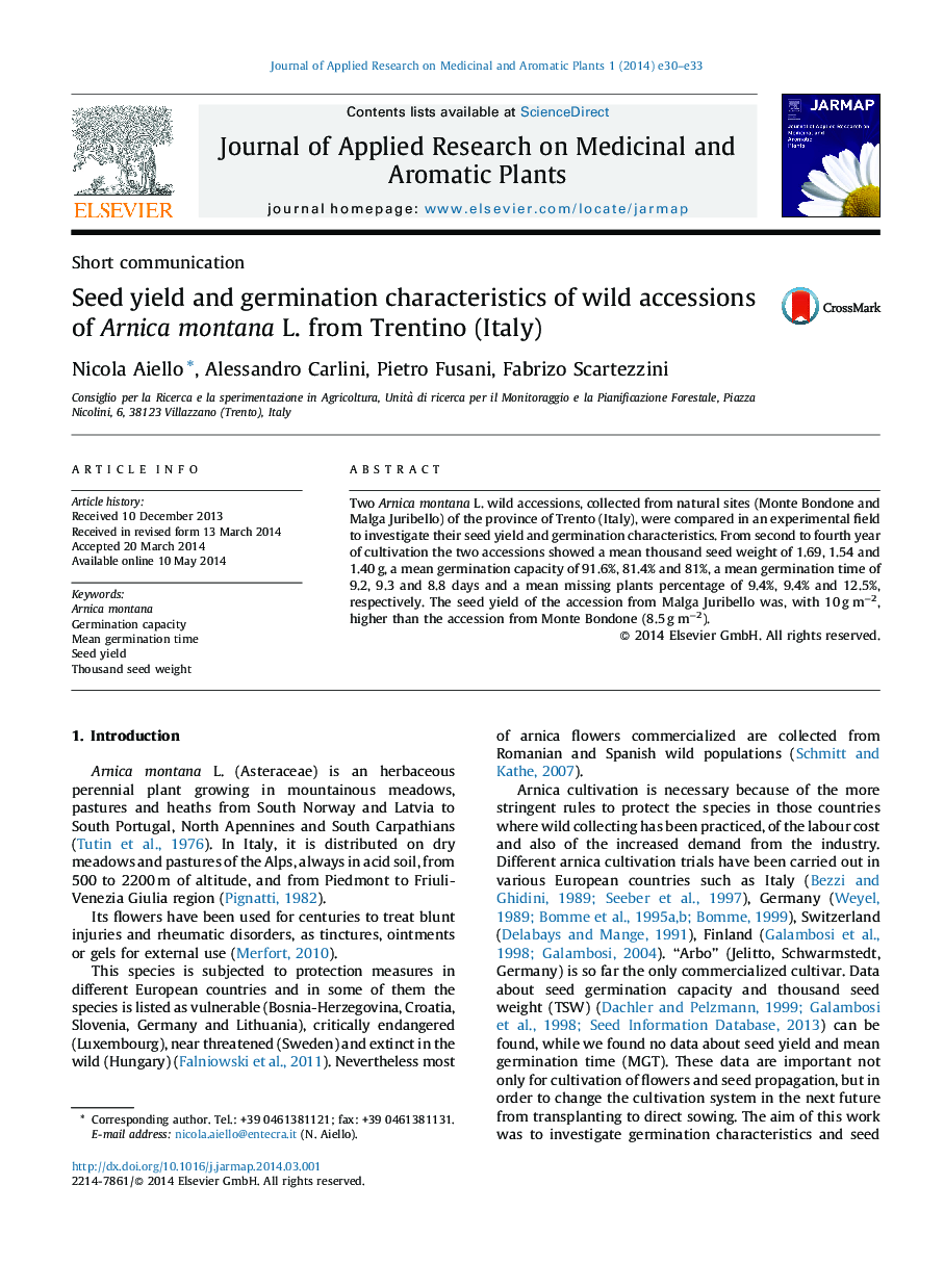 Seed yield and germination characteristics of wild accessions of Arnica montana L. from Trentino (Italy)