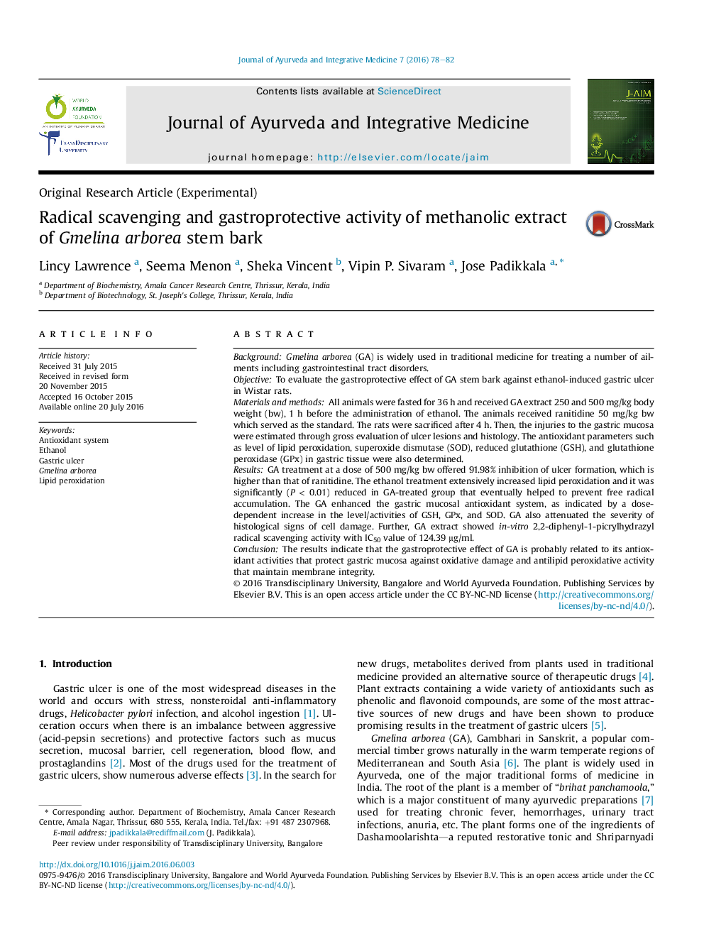 Radical scavenging and gastroprotective activity of methanolic extract of Gmelina arborea stem bark 