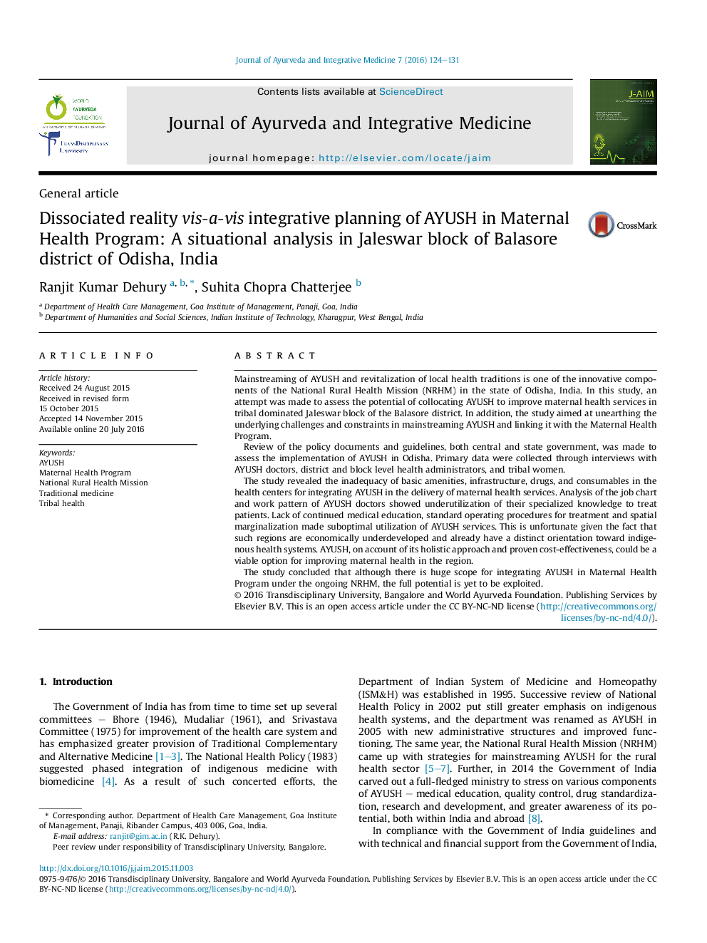 Dissociated reality vis-a-vis integrative planning of AYUSH in Maternal Health Program: A situational analysis in Jaleswar block of Balasore district of Odisha, India 