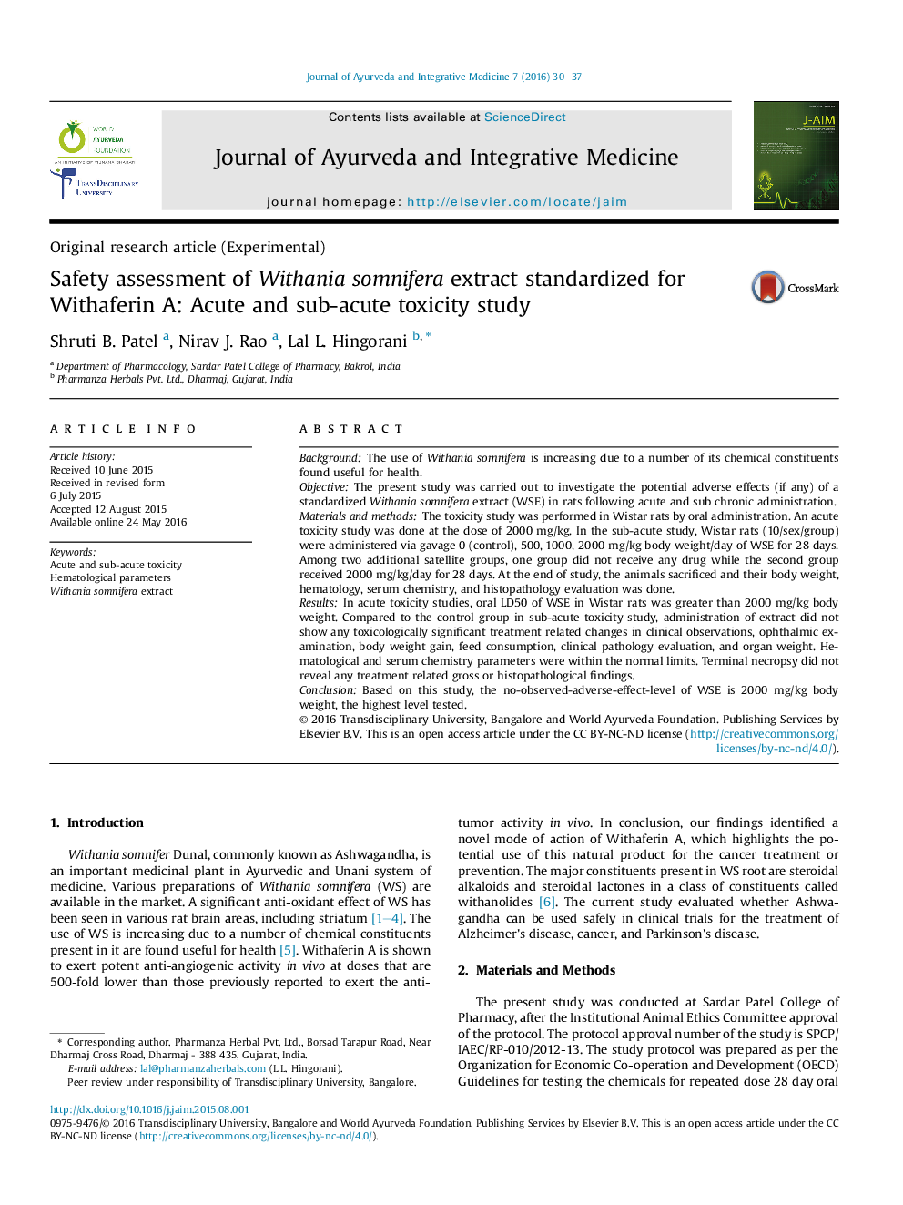 Safety assessment of Withania somnifera extract standardized for Withaferin A: Acute and sub-acute toxicity study 