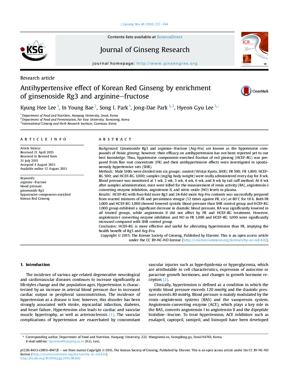 Antihypertensive effect of Korean Red Ginseng by enrichment of ginsenoside Rg3 and arginine–fructose