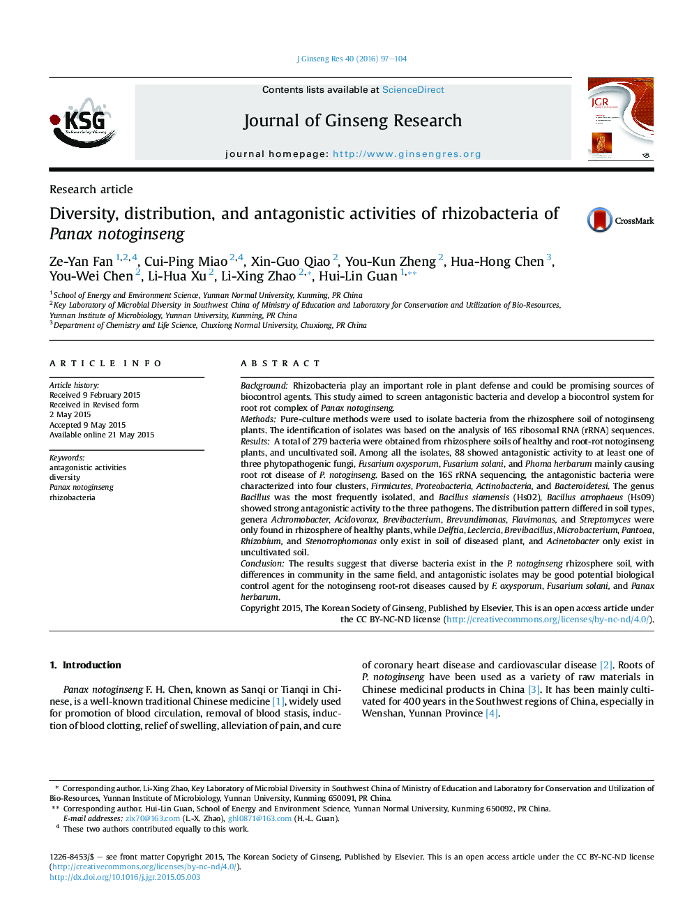 Diversity, distribution, and antagonistic activities of rhizobacteria of Panax notoginseng