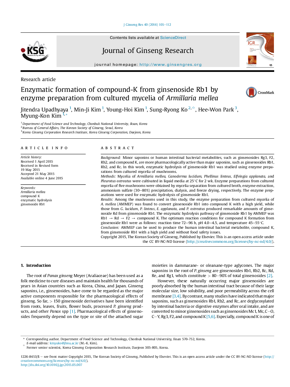 Enzymatic formation of compound-K from ginsenoside Rb1 by enzyme preparation from cultured mycelia of Armillaria mellea