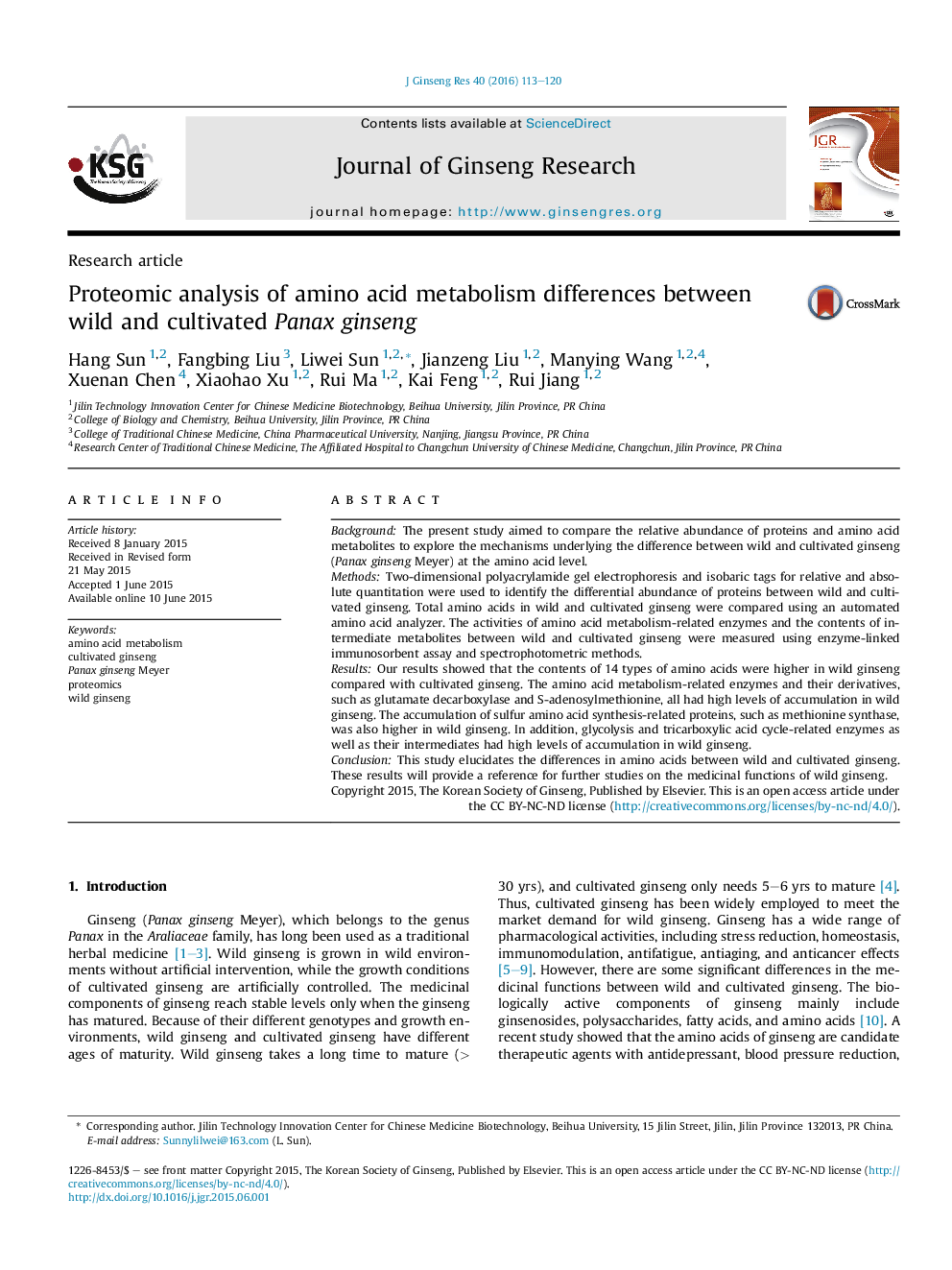 Proteomic analysis of amino acid metabolism differences between wild and cultivated Panax ginseng