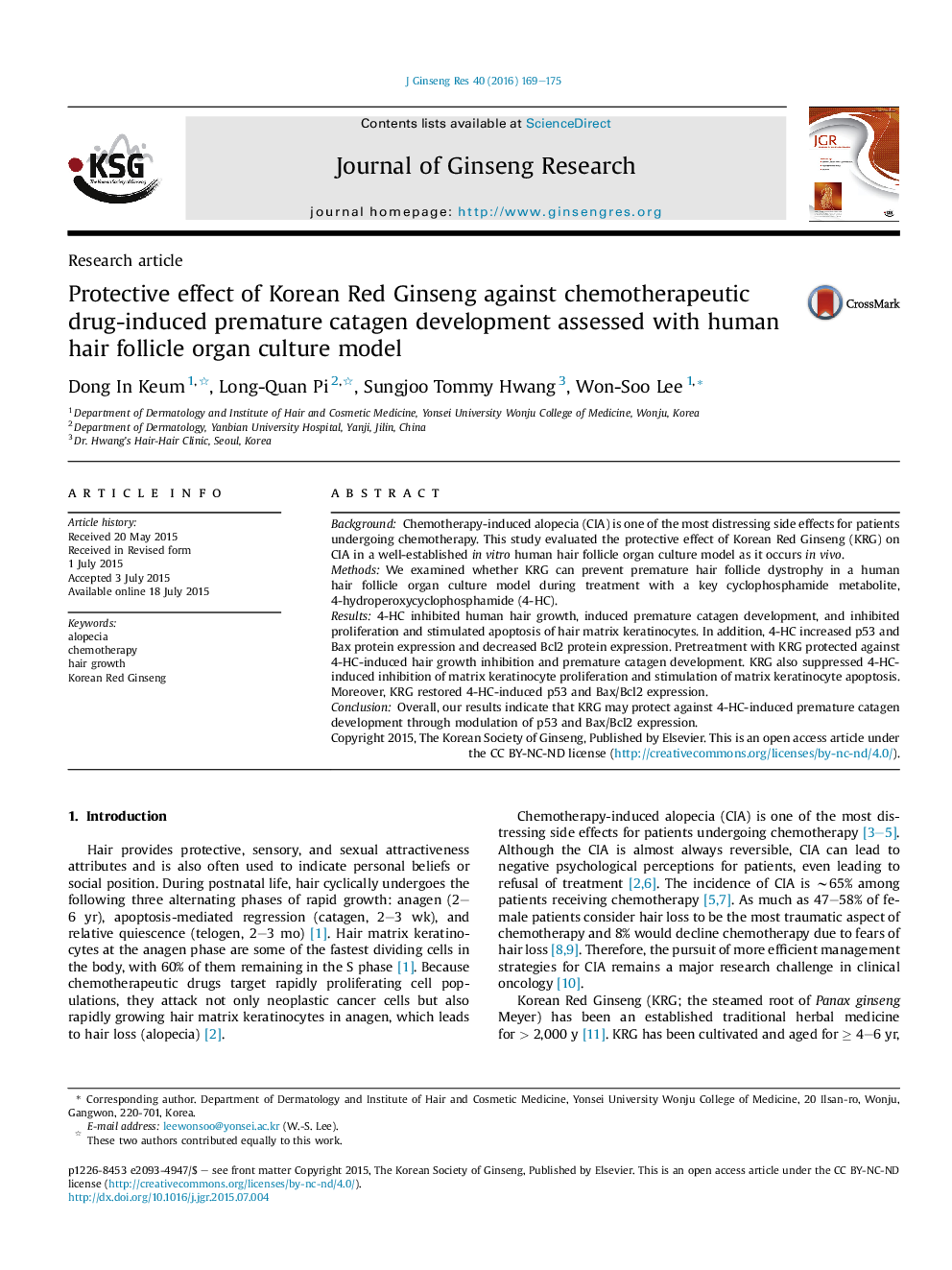 Protective effect of Korean Red Ginseng against chemotherapeutic drug-induced premature catagen development assessed with human hair follicle organ culture model