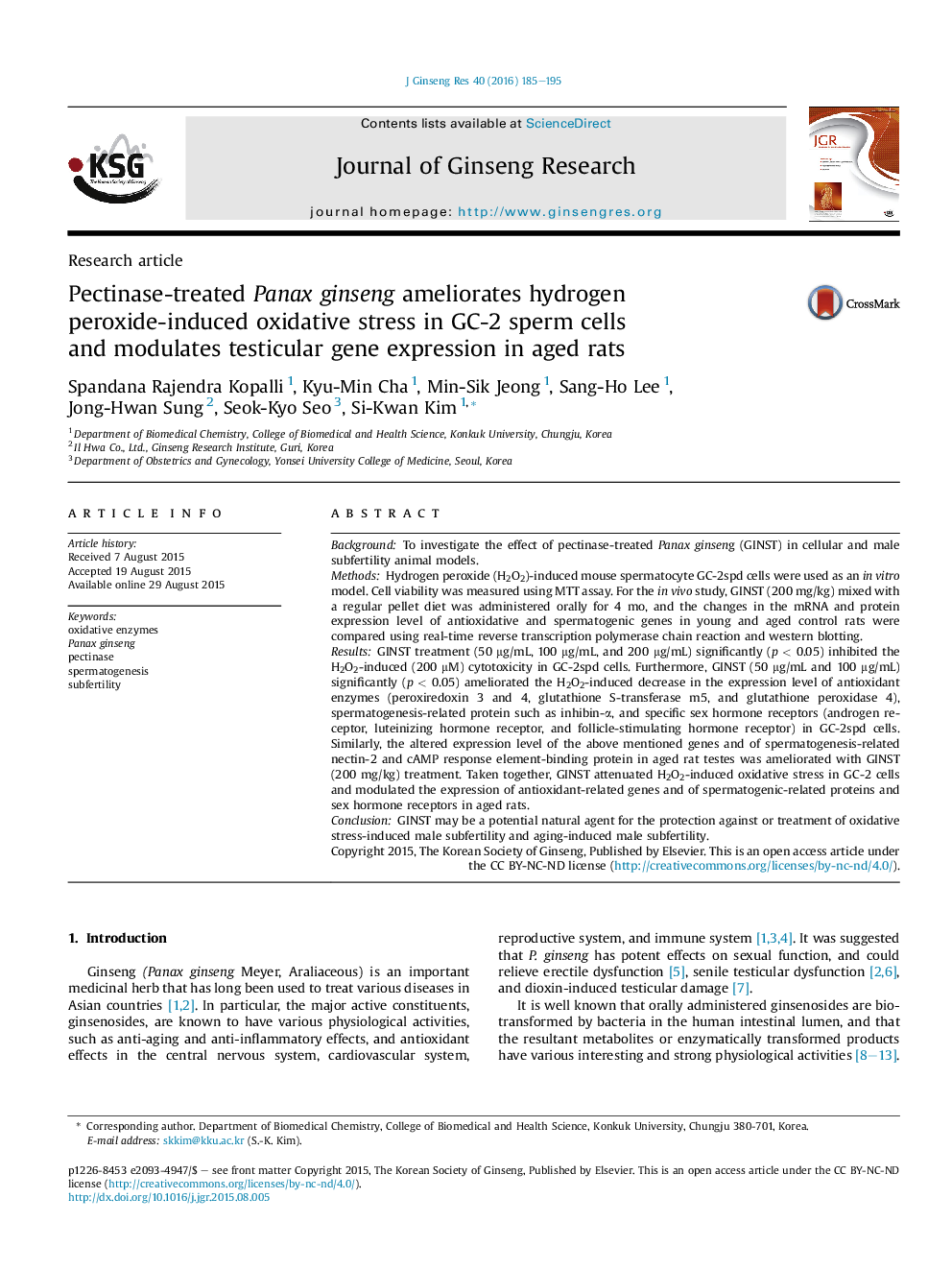 Pectinase-treated Panax ginseng ameliorates hydrogen peroxide-induced oxidative stress in GC-2 sperm cells and modulates testicular gene expression in aged rats