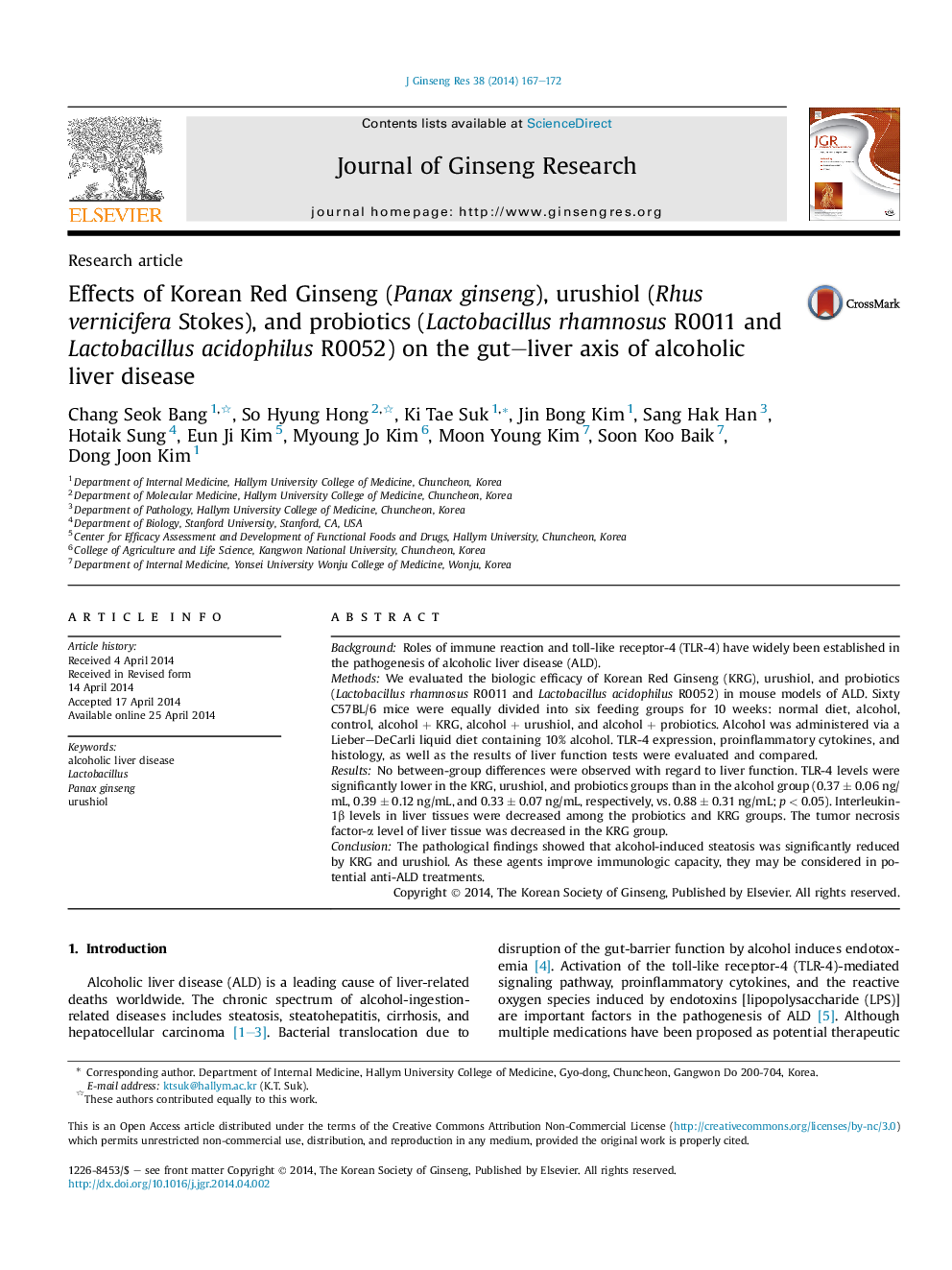 Effects of Korean Red Ginseng (Panax ginseng), urushiol (Rhus vernicifera Stokes), and probiotics (Lactobacillus rhamnosus R0011 and Lactobacillus acidophilus R0052) on the gut–liver axis of alcoholic liver disease 