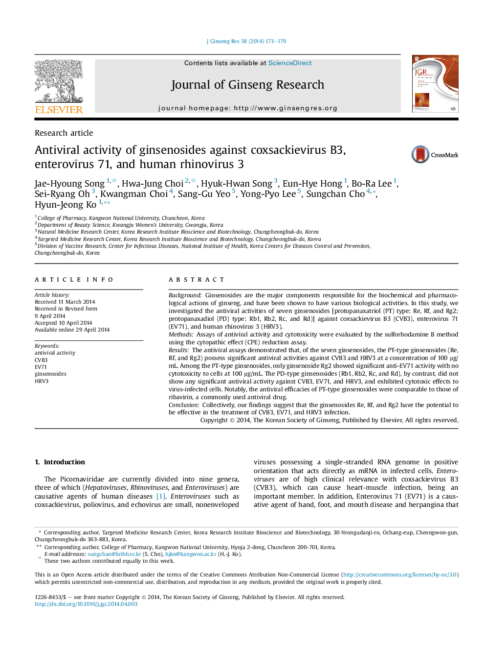 Antiviral activity of ginsenosides against coxsackievirus B3, enterovirus 71, and human rhinovirus 3 