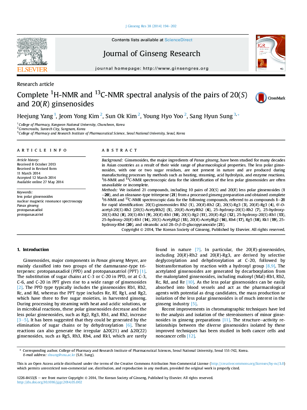 Complete 1H-NMR and 13C-NMR spectral analysis of the pairs of 20(S) and 20(R) ginsenosides 