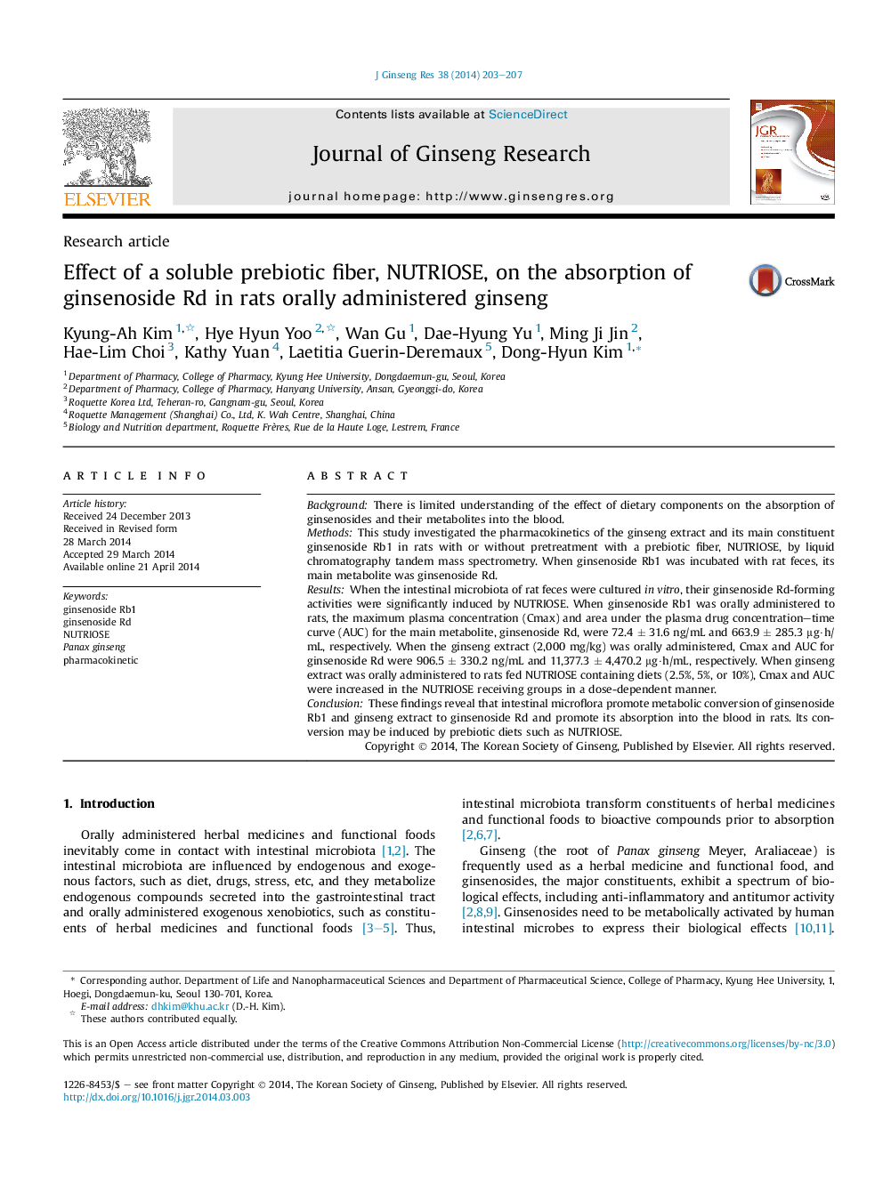 Effect of a soluble prebiotic fiber, NUTRIOSE, on the absorption of ginsenoside Rd in rats orally administered ginseng 