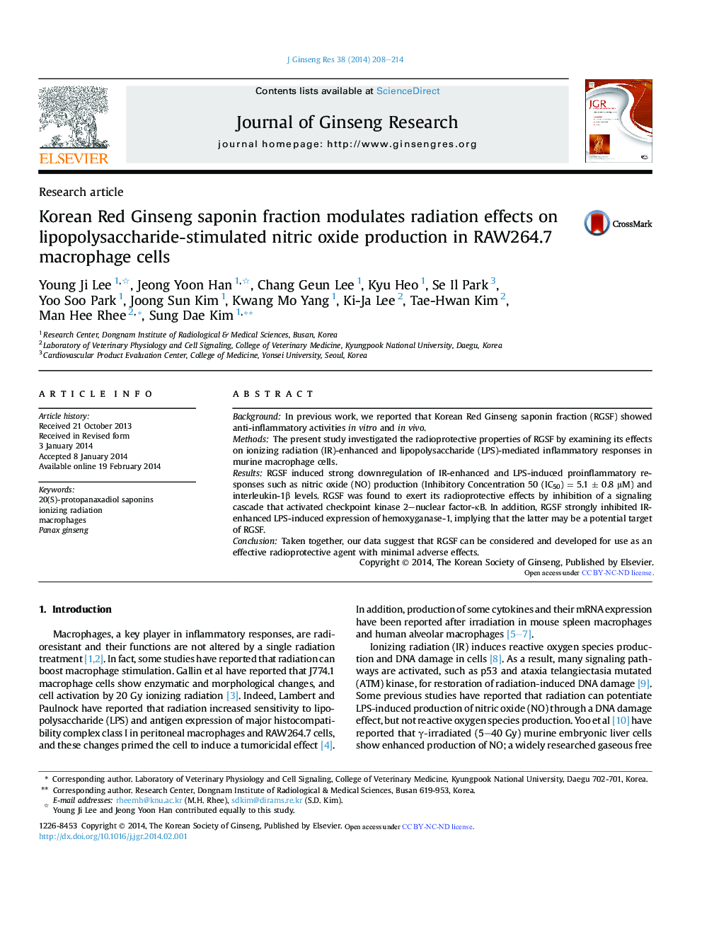 Korean Red Ginseng saponin fraction modulates radiation effects on lipopolysaccharide-stimulated nitric oxide production in RAW264.7 macrophage cells