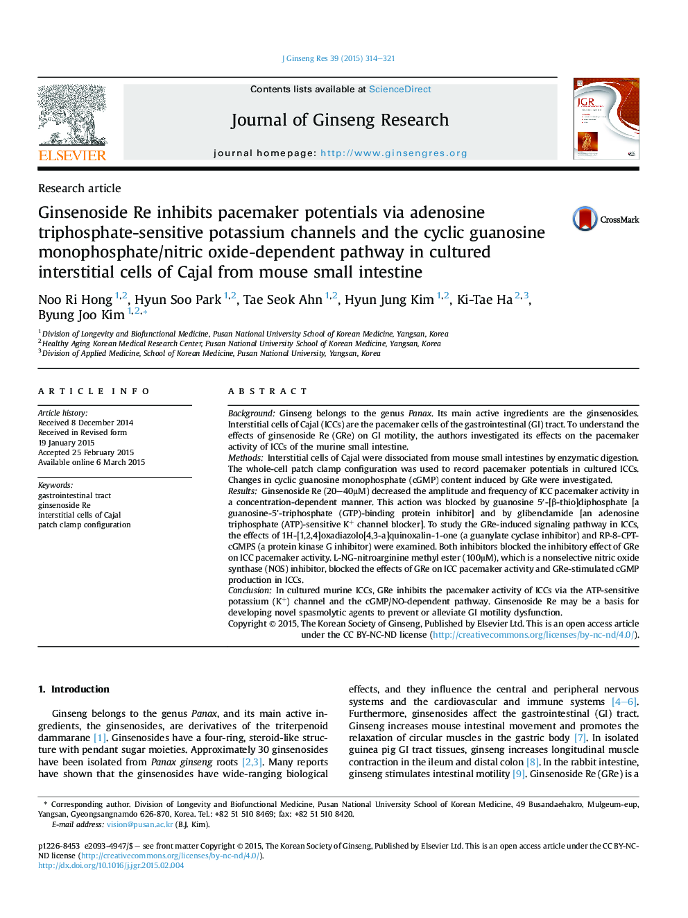 Ginsenoside Re inhibits pacemaker potentials via adenosine triphosphate-sensitive potassium channels and the cyclic guanosine monophosphate/nitric oxide-dependent pathway in cultured interstitial cells of Cajal from mouse small intestine 