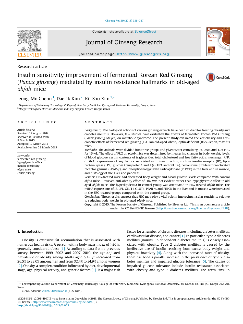 Insulin sensitivity improvement of fermented Korean Red Ginseng (Panax ginseng) mediated by insulin resistance hallmarks in old-aged ob/ob mice 