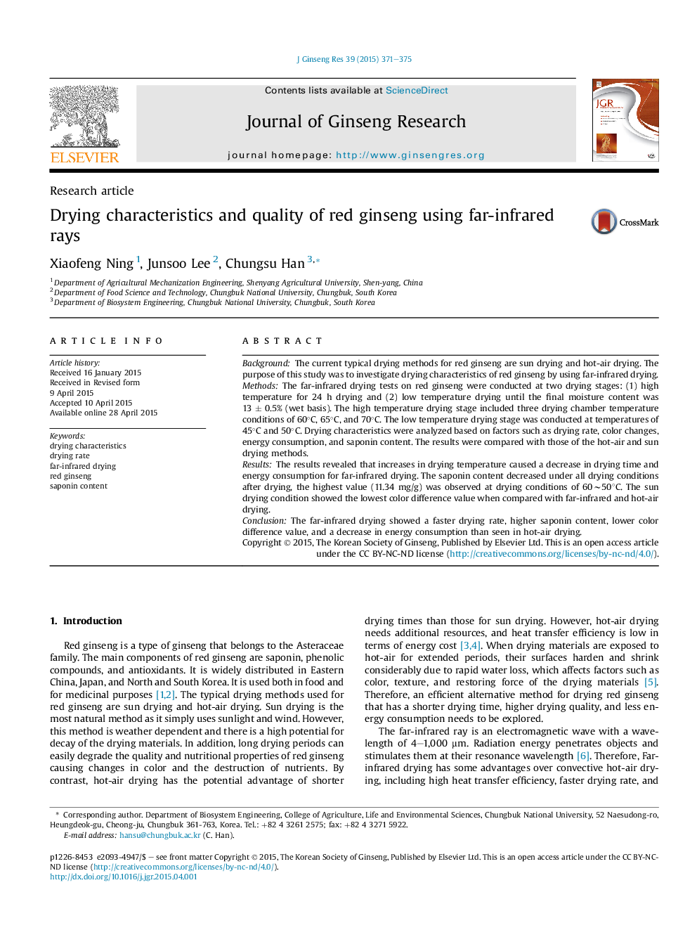 Drying characteristics and quality of red ginseng using far-infrared rays 