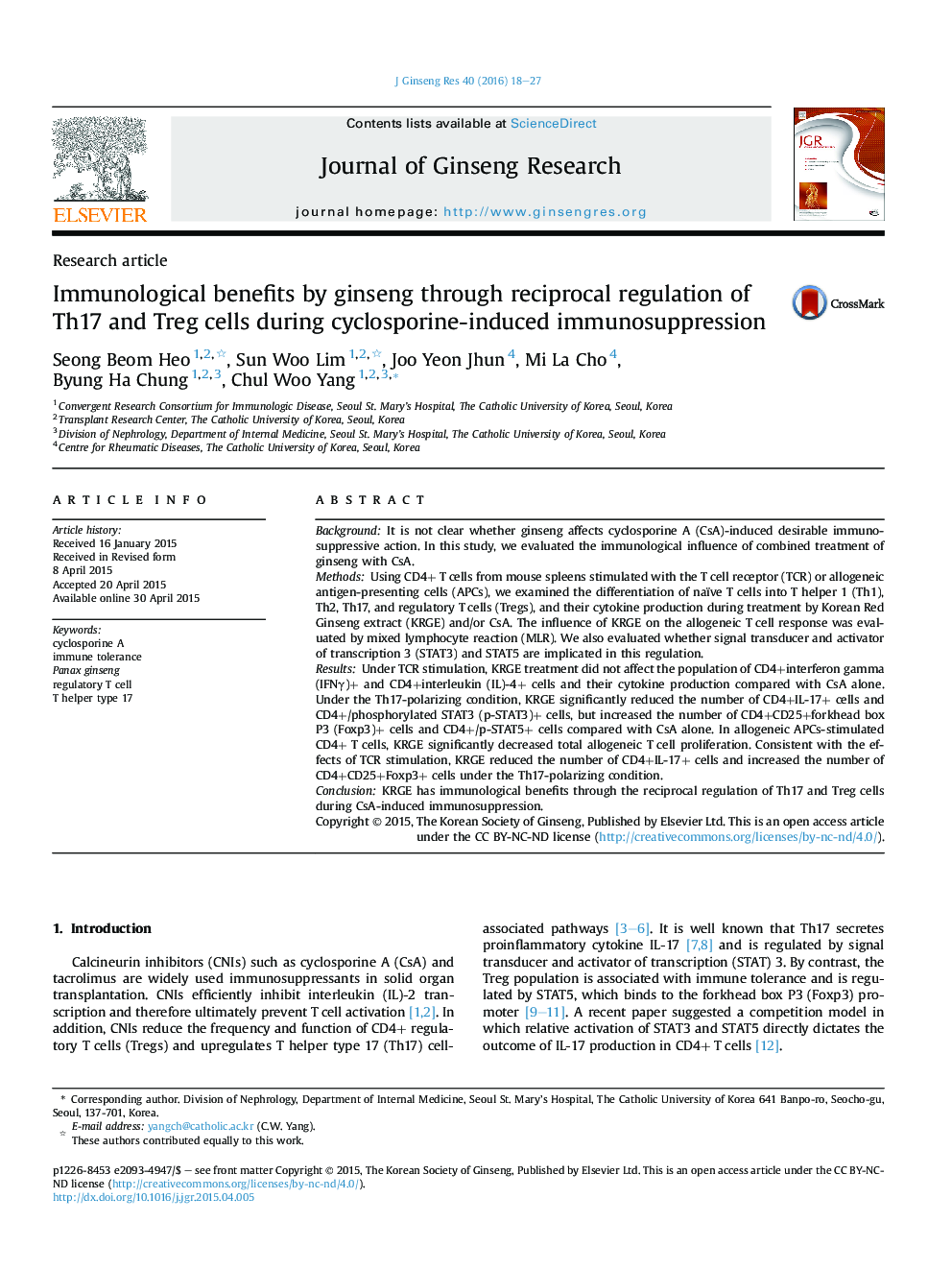 Immunological benefits by ginseng through reciprocal regulation of Th17 and Treg cells during cyclosporine-induced immunosuppression 