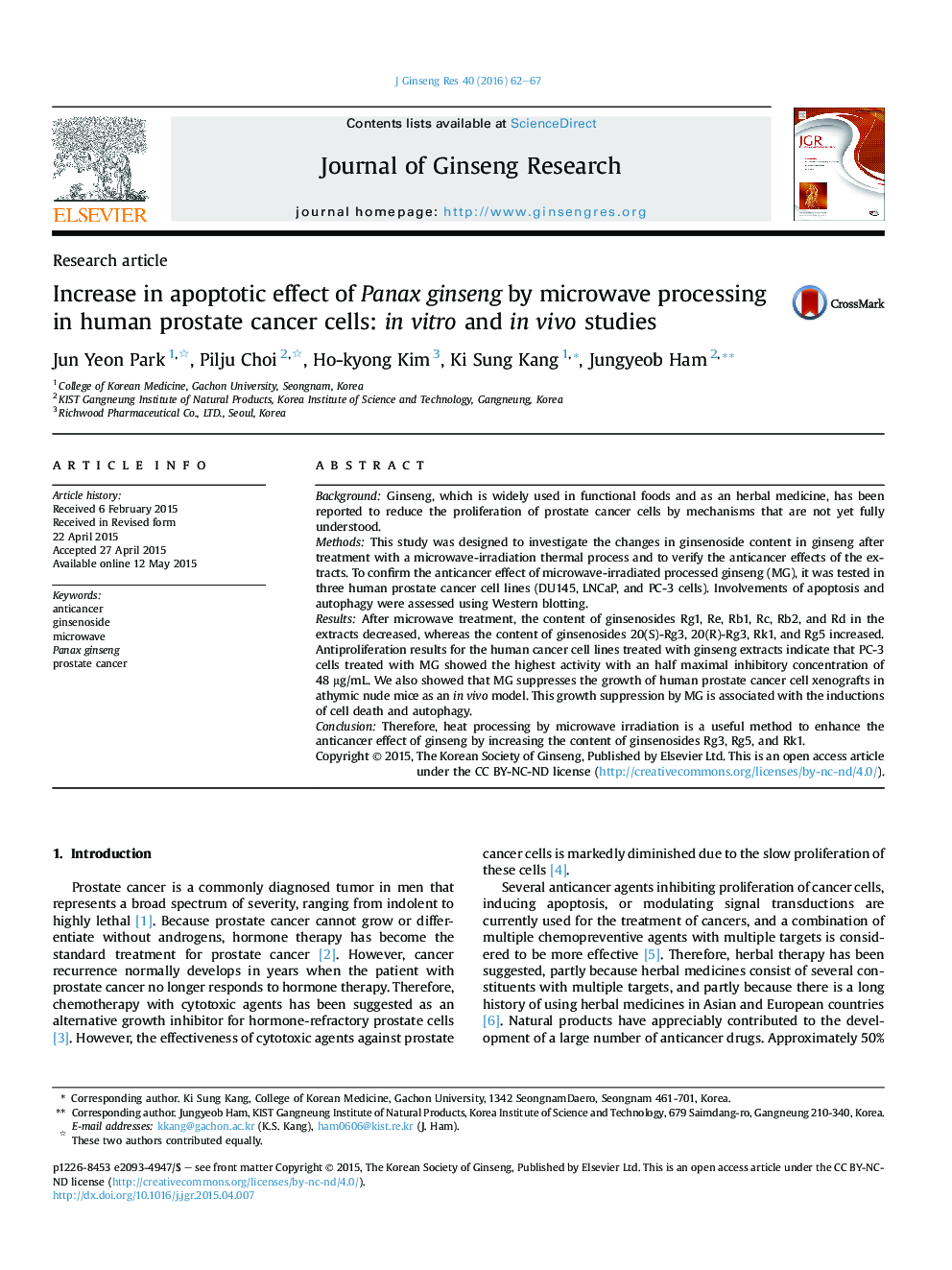 Increase in apoptotic effect of Panax ginseng by microwave processing in human prostate cancer cells: in vitro and in vivo studies 