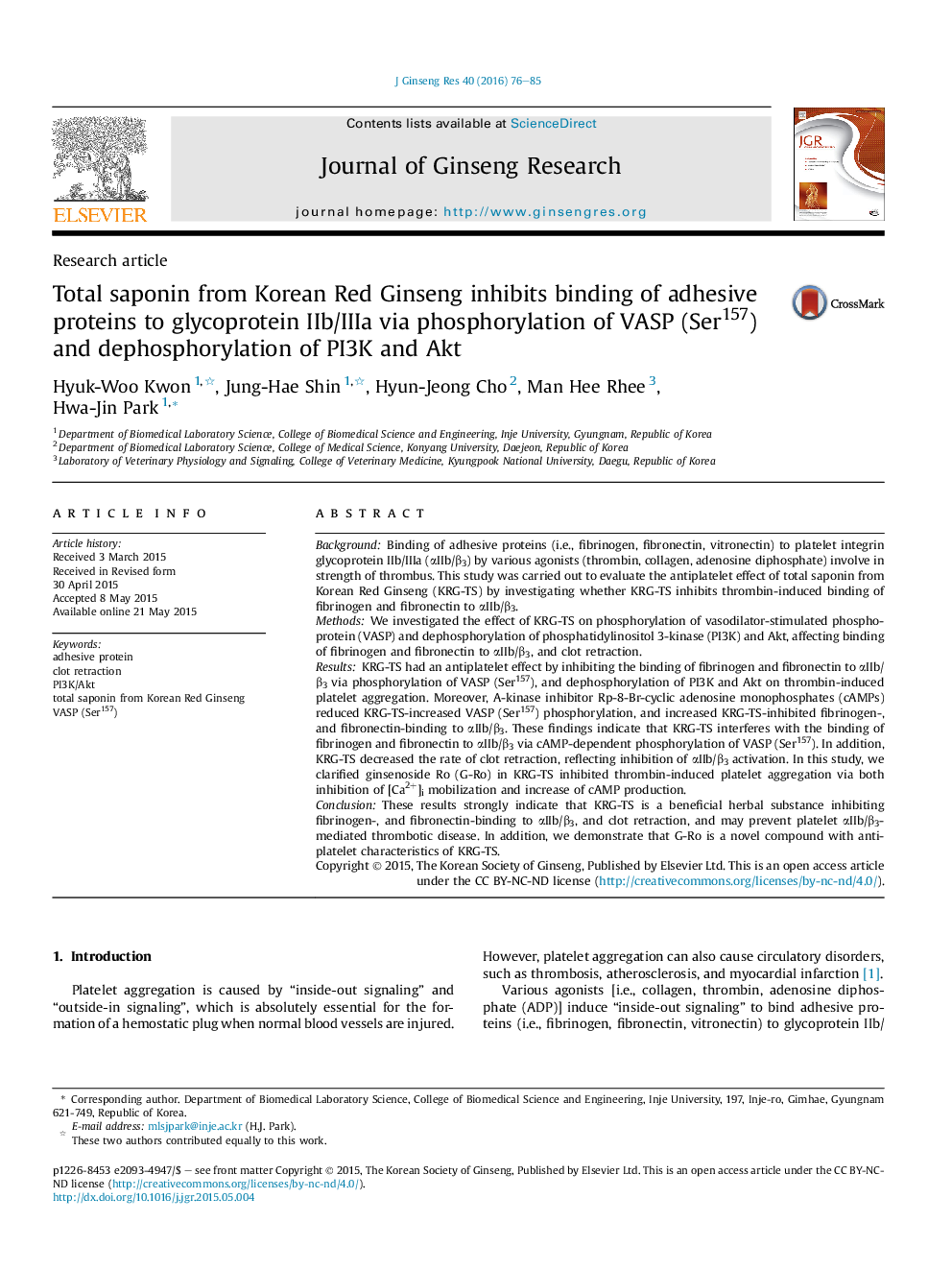 Total saponin from Korean Red Ginseng inhibits binding of adhesive proteins to glycoprotein IIb/IIIa via phosphorylation of VASP (Ser157) and dephosphorylation of PI3K and Akt 