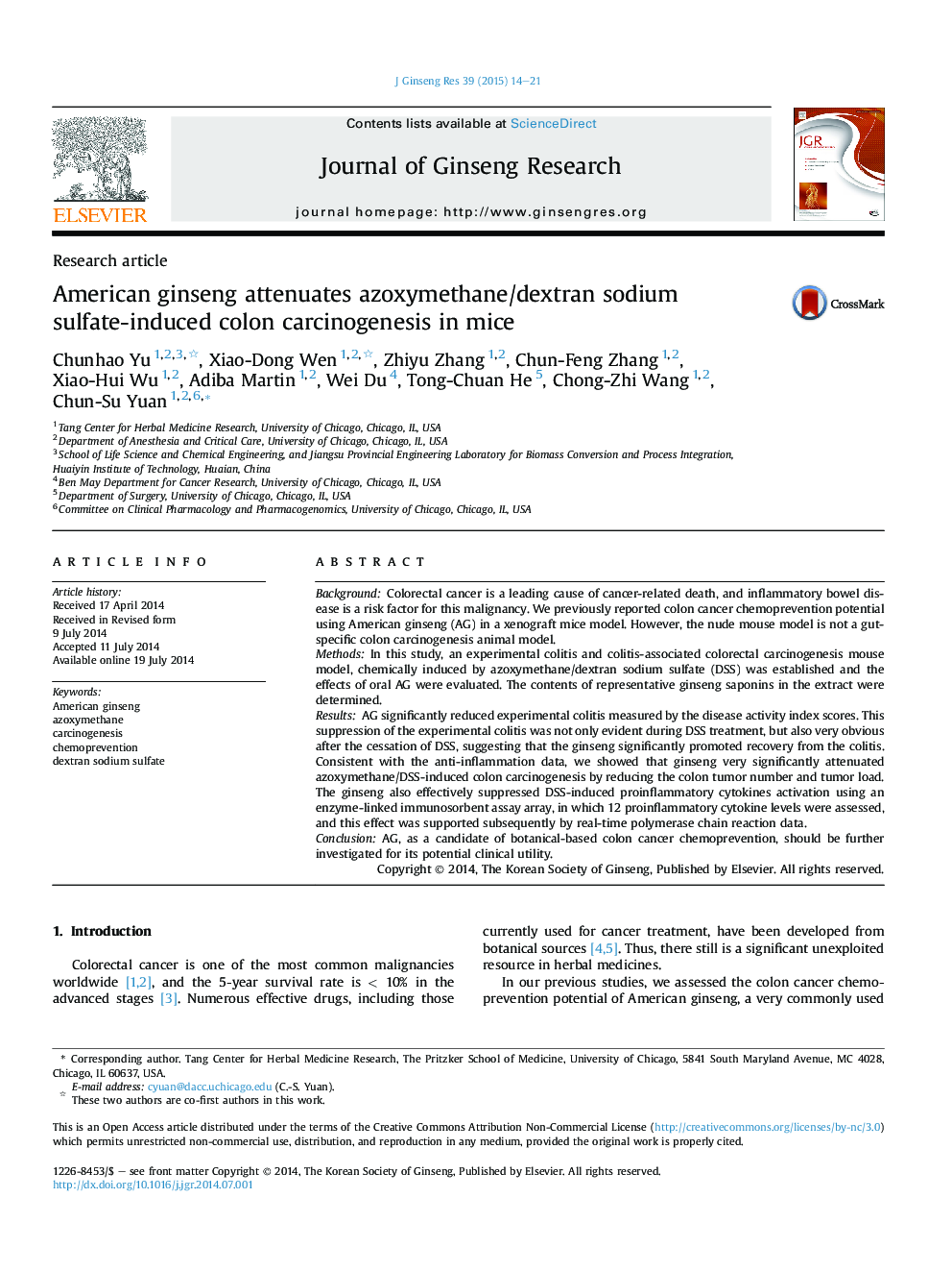 American ginseng attenuates azoxymethane/dextran sodium sulfate-induced colon carcinogenesis in mice 