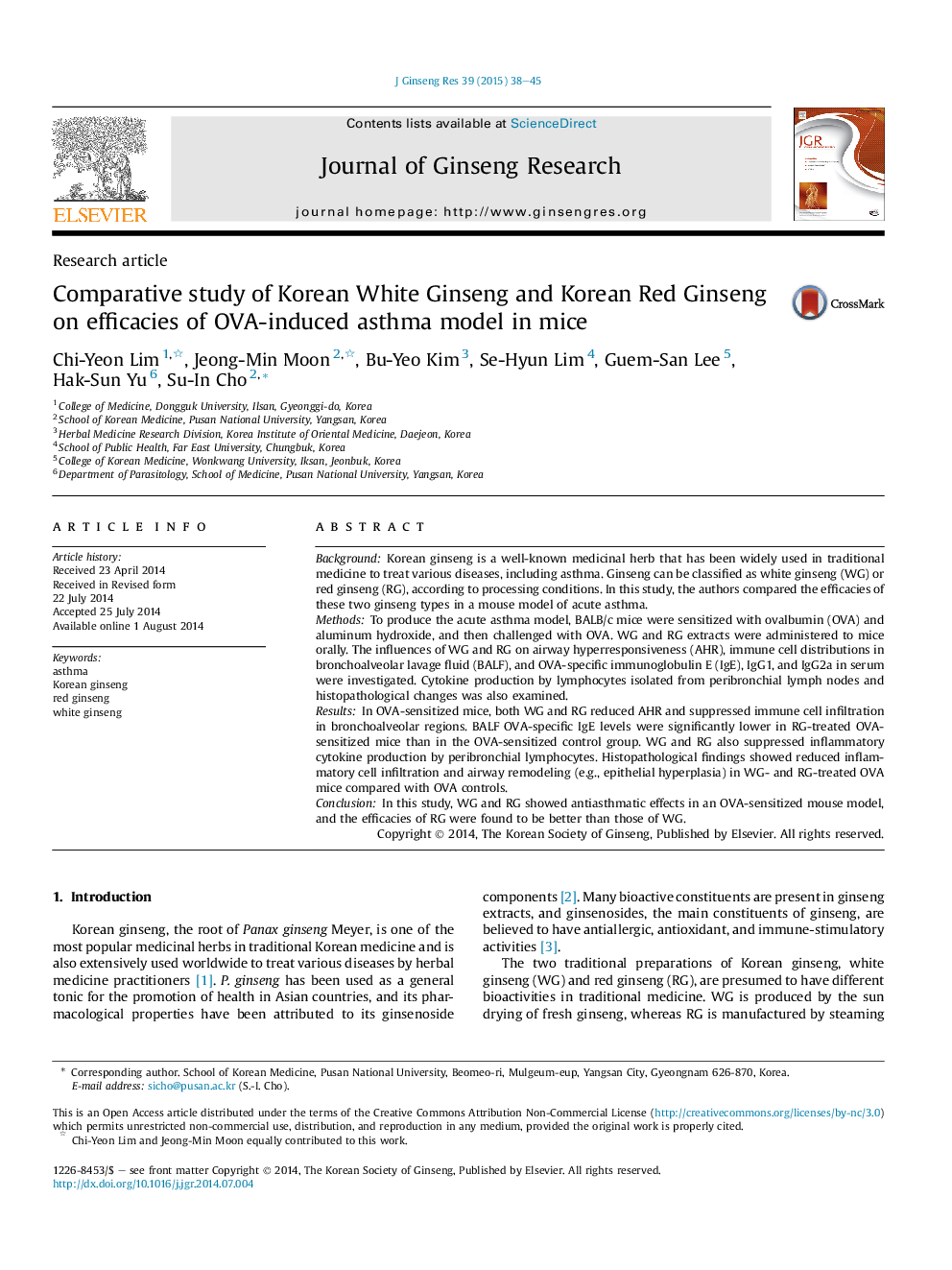 Comparative study of Korean White Ginseng and Korean Red Ginseng on efficacies of OVA-induced asthma model in mice 