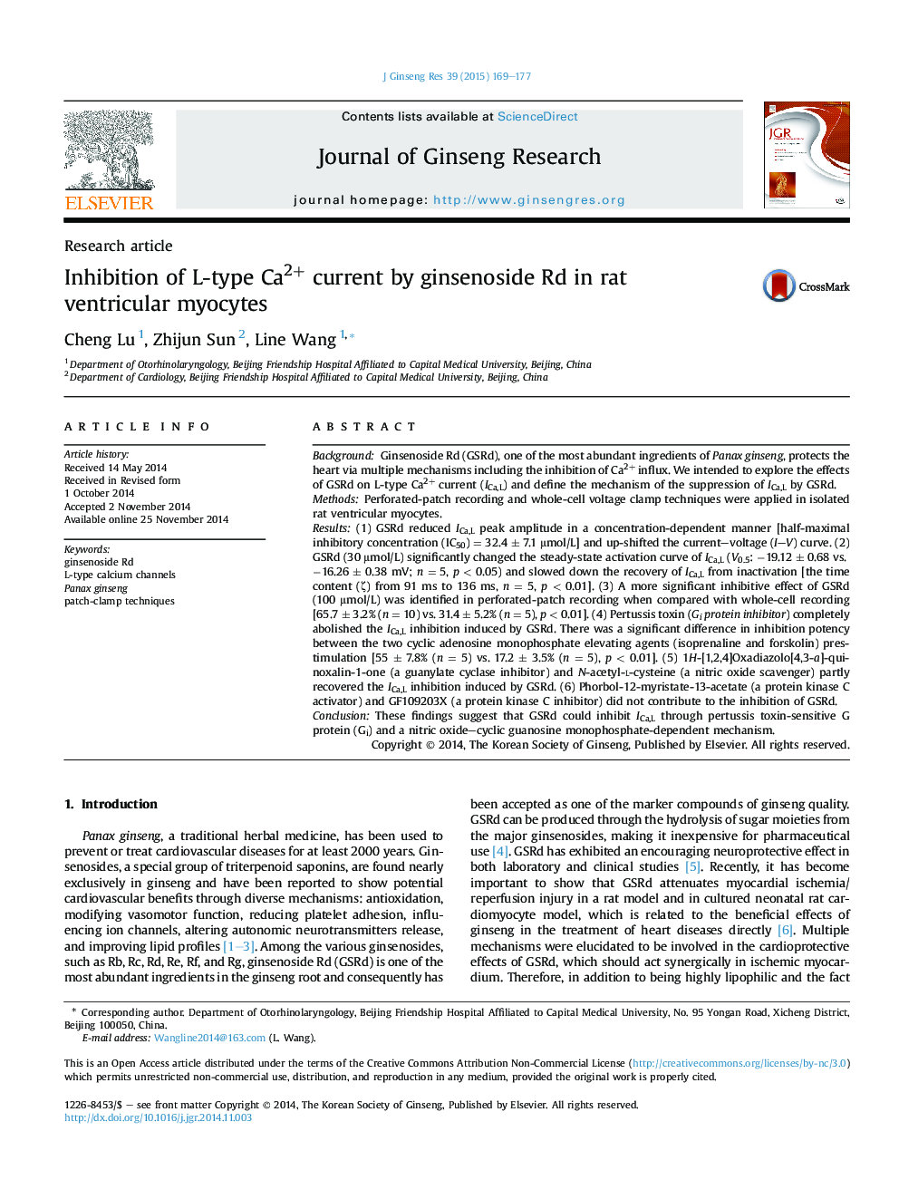 Inhibition of L-type Ca2+ current by ginsenoside Rd in rat ventricular myocytes 