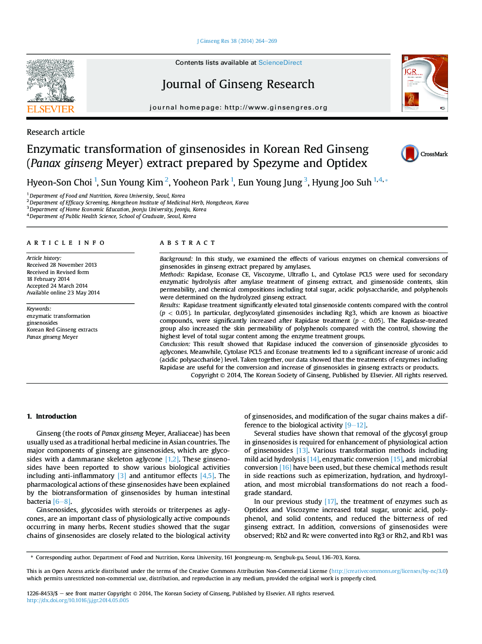 Enzymatic transformation of ginsenosides in Korean Red Ginseng (Panax ginseng Meyer) extract prepared by Spezyme and Optidex 