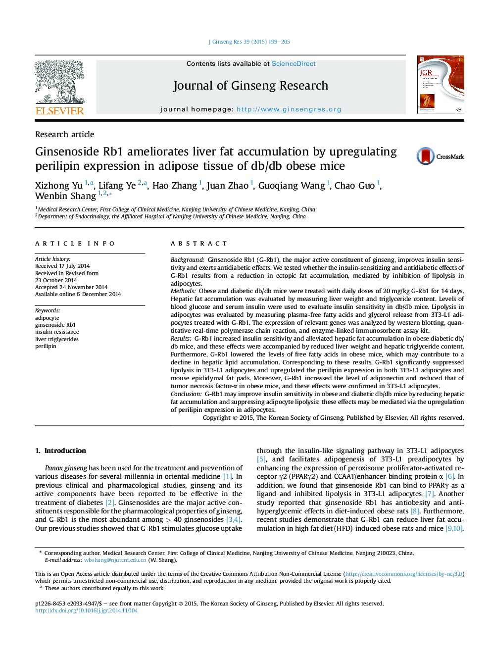 Ginsenoside Rb1 ameliorates liver fat accumulation by upregulating perilipin expression in adipose tissue of db/db obese mice 