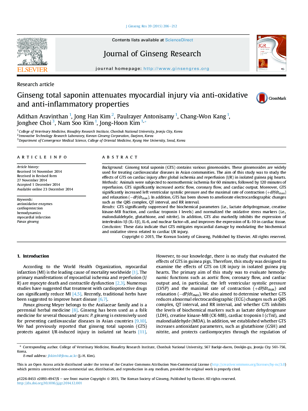 Ginseng total saponin attenuates myocardial injury via anti-oxidative and anti-inflammatory properties 