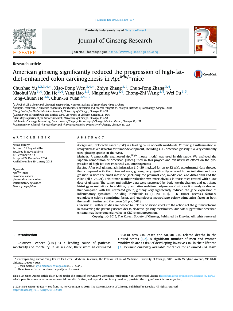 American ginseng significantly reduced the progression of high-fat-diet-enhanced colon carcinogenesis in ApcMin/+mice 