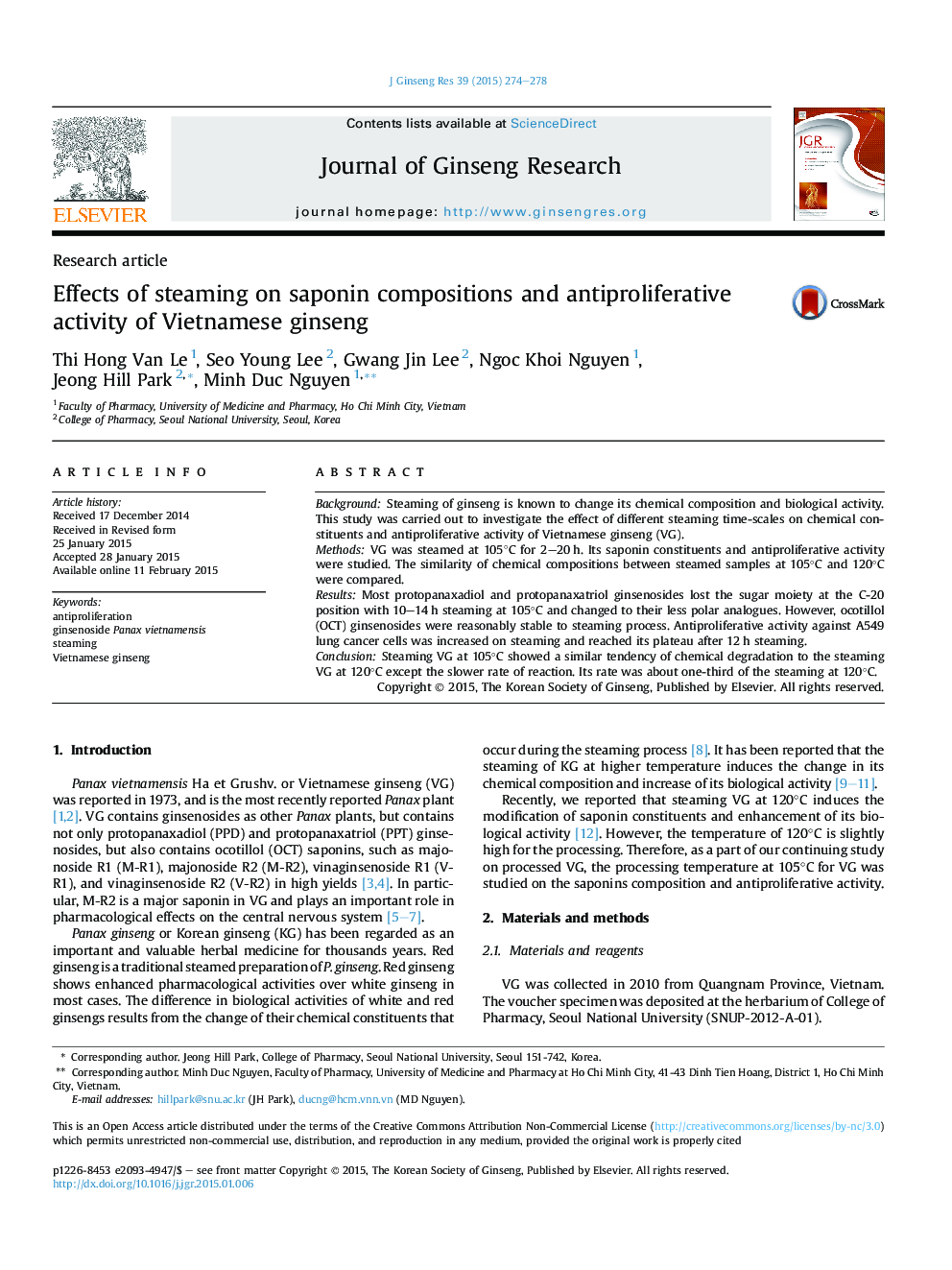 Effects of steaming on saponin compositions and antiproliferative activity of Vietnamese ginseng 