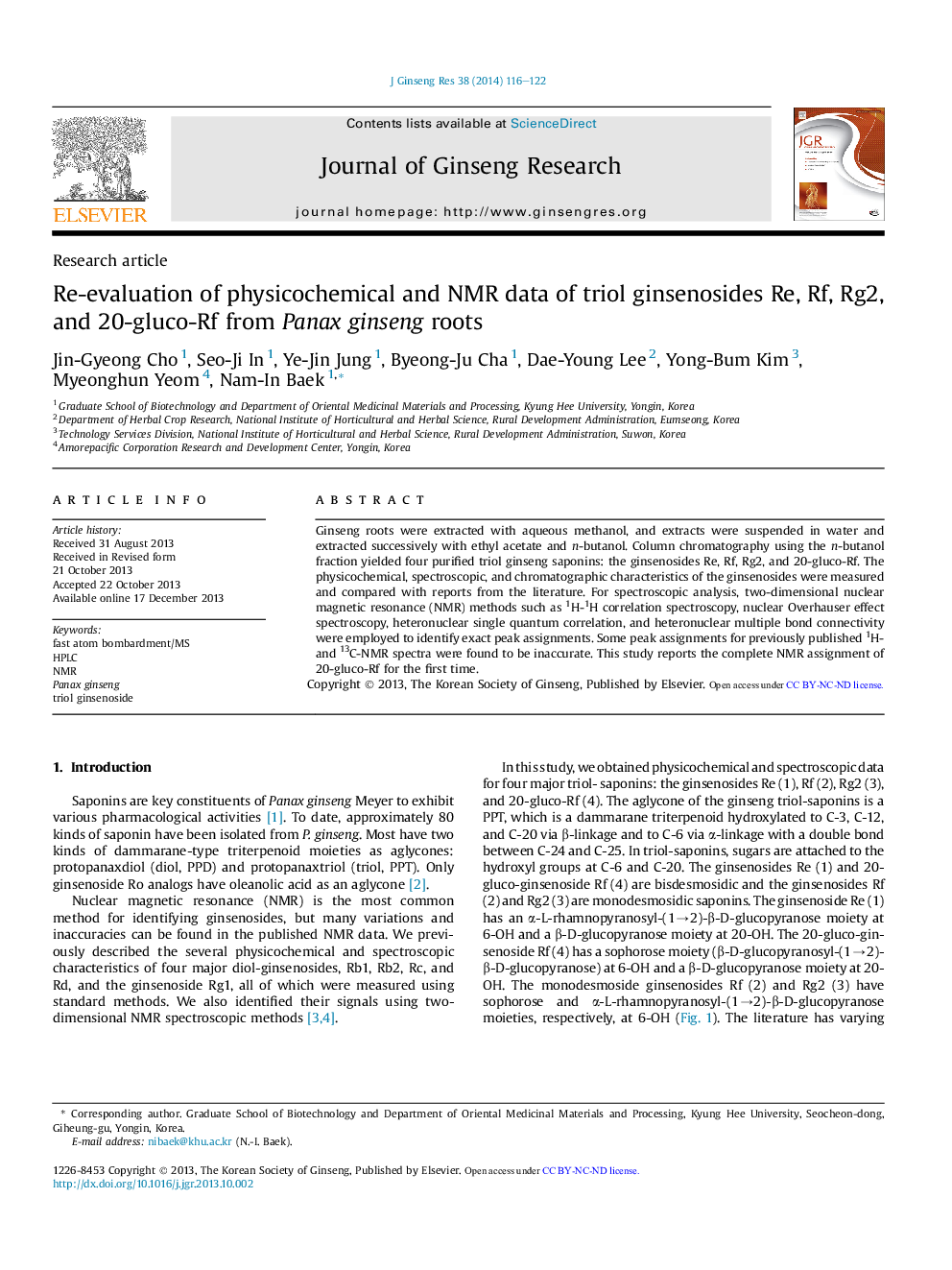 Re-evaluation of physicochemical and NMR data of triol ginsenosides Re, Rf, Rg2, and 20-gluco-Rf from Panax ginseng roots