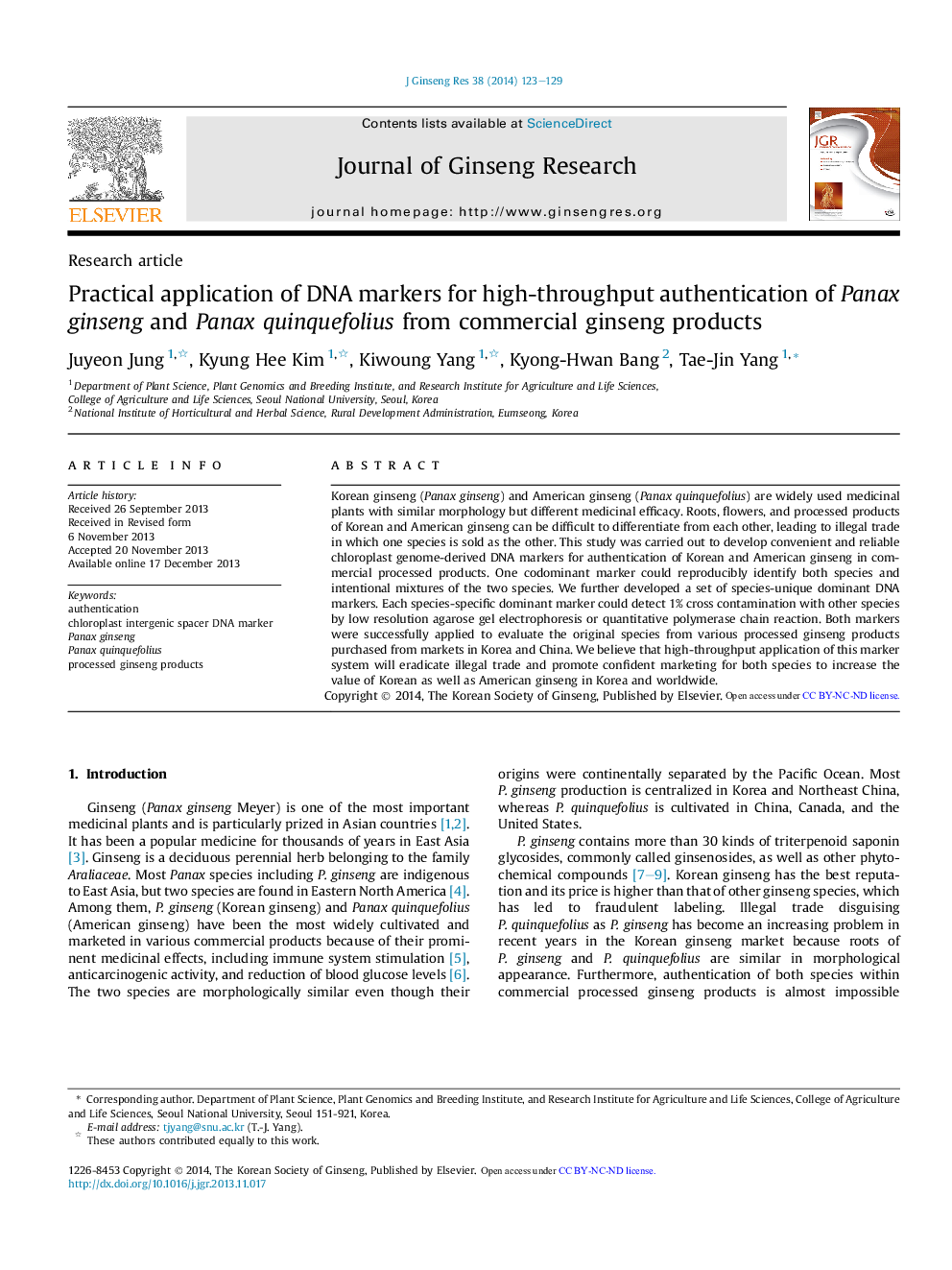 Practical application of DNA markers for high-throughput authentication of Panax ginseng and Panax quinquefolius from commercial ginseng products