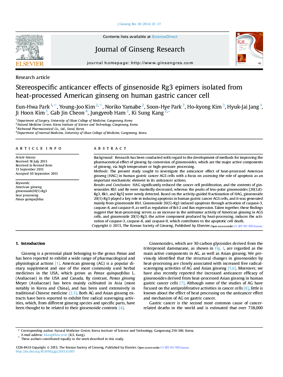 Stereospecific anticancer effects of ginsenoside Rg3 epimers isolated from heat-processed American ginseng on human gastric cancer cell