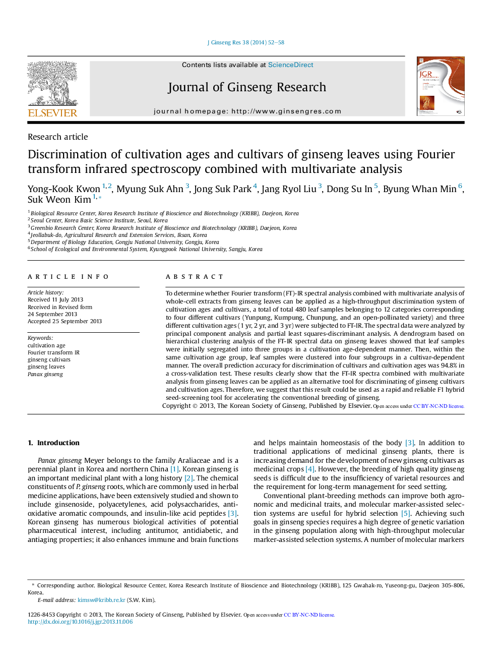 Discrimination of cultivation ages and cultivars of ginseng leaves using Fourier transform infrared spectroscopy combined with multivariate analysis