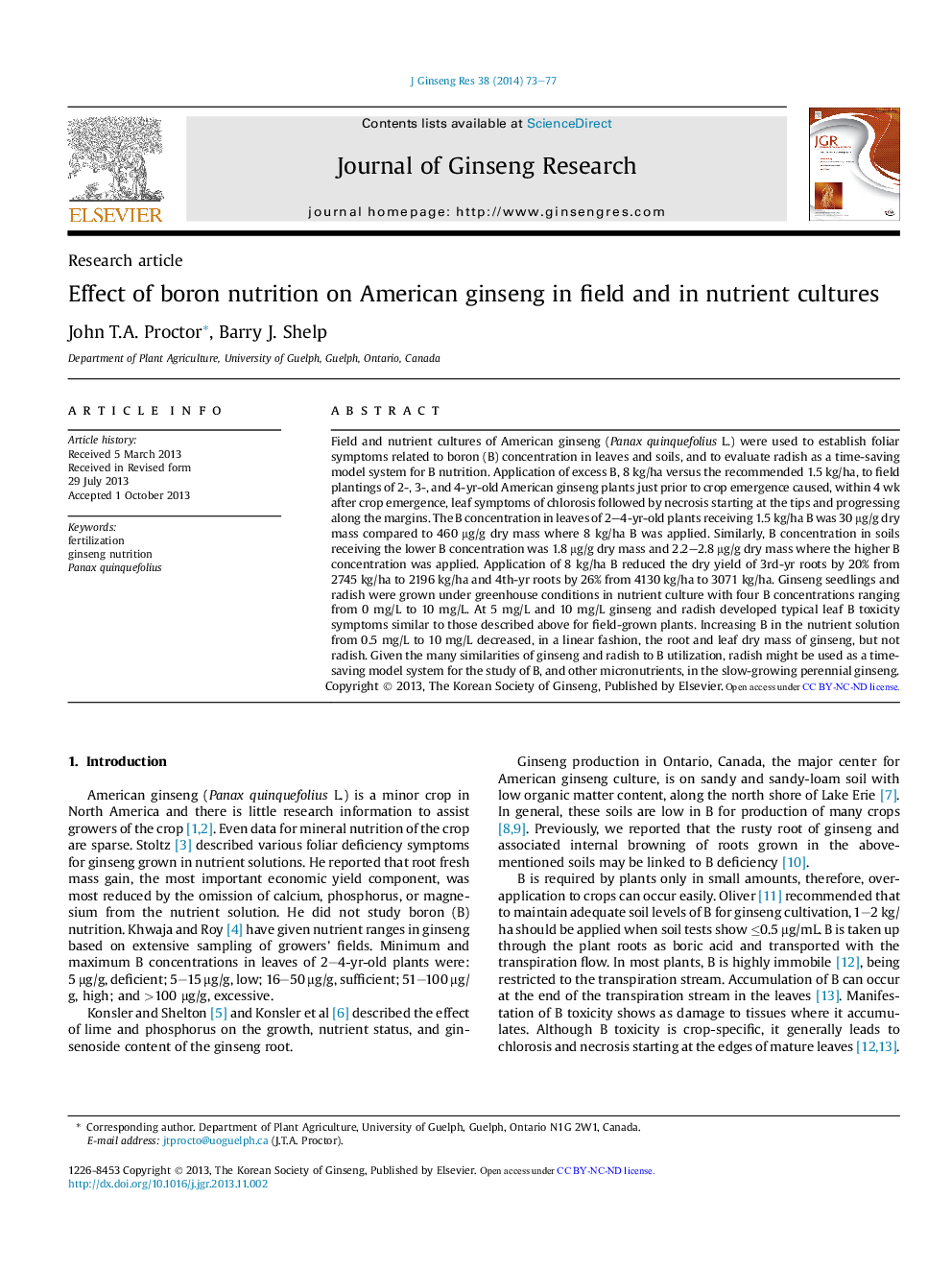 Effect of boron nutrition on American ginseng in field and in nutrient cultures