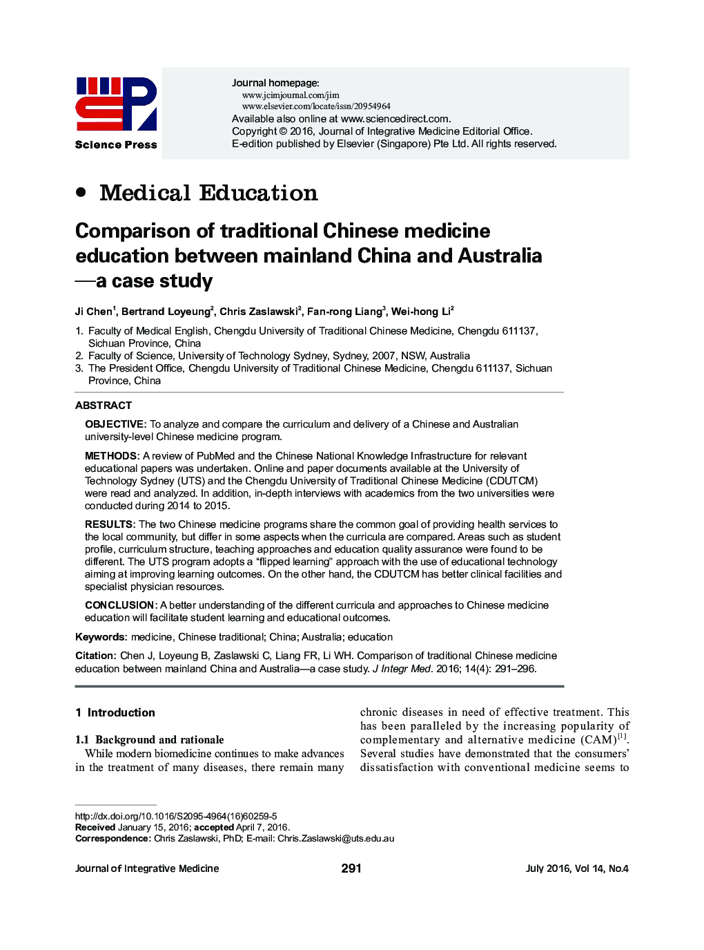 Comparison of traditional Chinese medicine education between mainland China and Australia-a case study