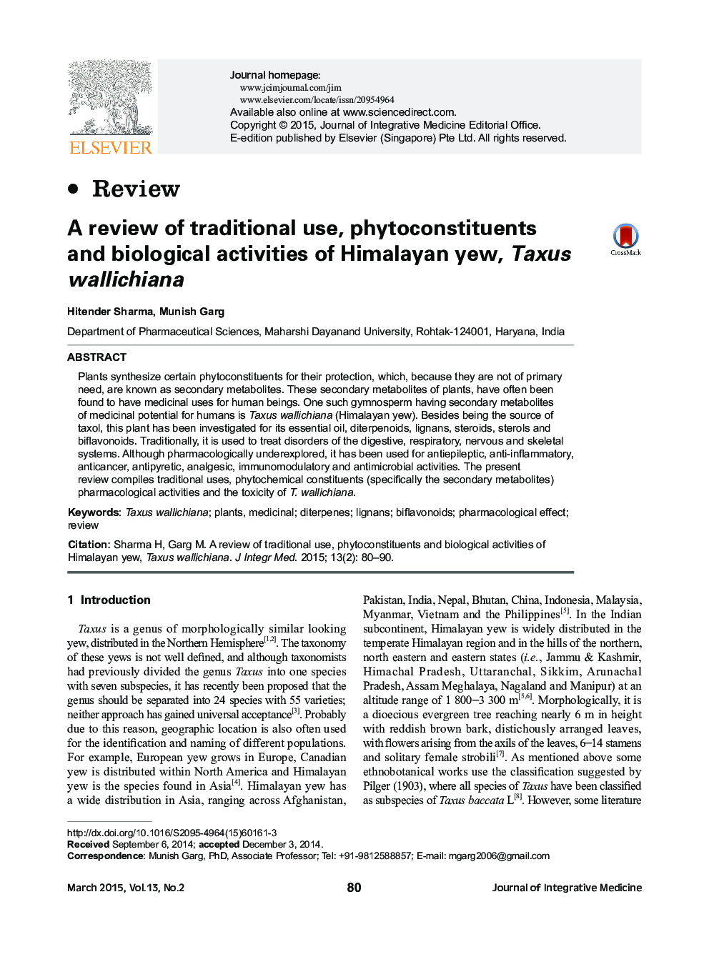 A review of traditional use, phytoconstituents and biological activities of Himalayan yew, Taxus wallichiana