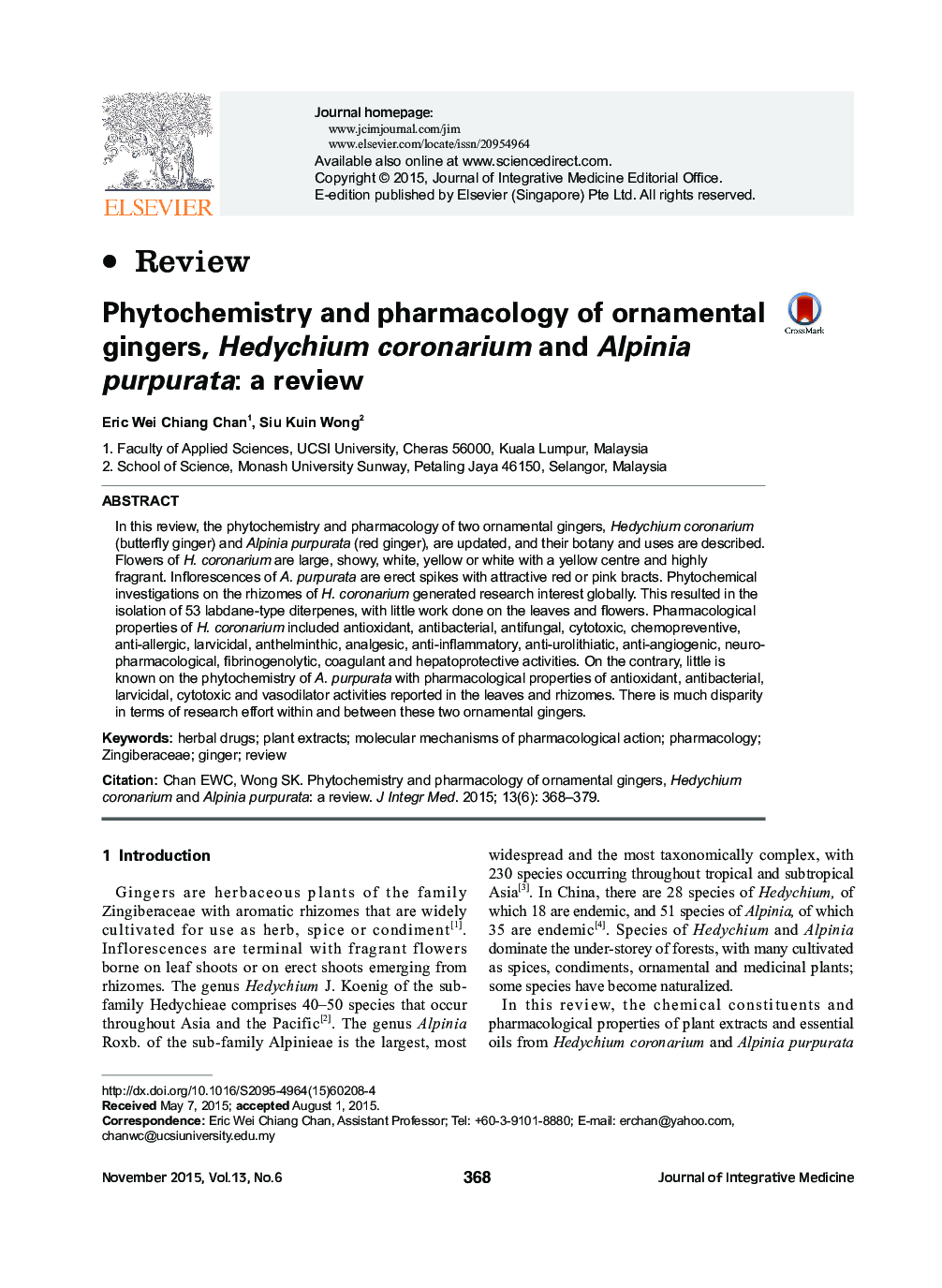 Phytochemistry and pharmacology of ornamental gingers, Hedychium coronarium and Alpinia purpurata: a review