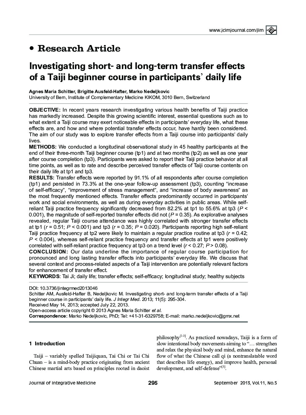 Investigating short- and long-term transfer effects of a Taiji beginner course in participants' daily life