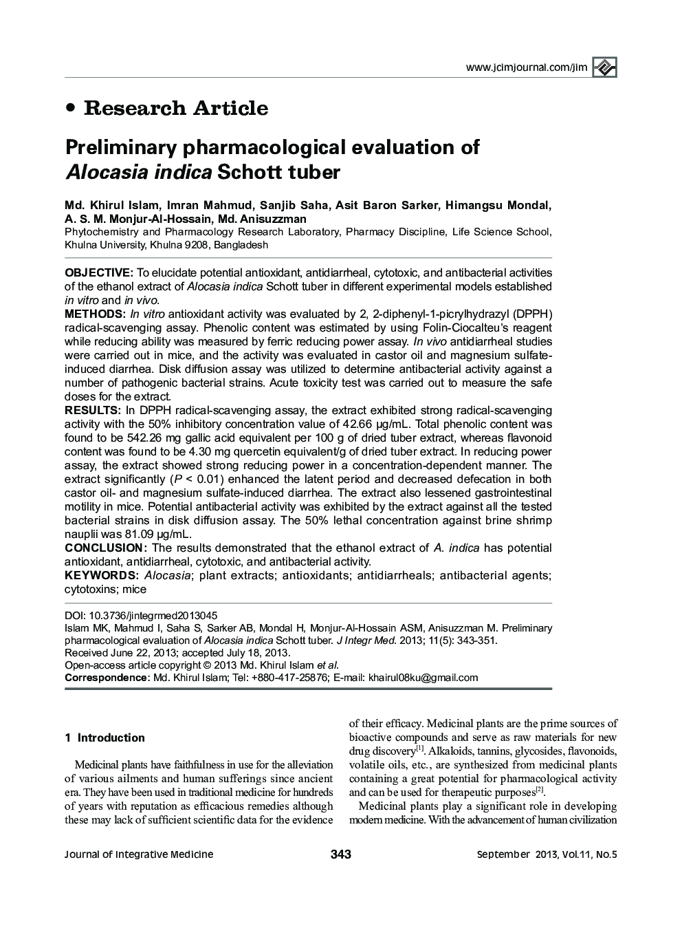 Preliminary pharmacological evaluation of Alocasia indica Schott tuber