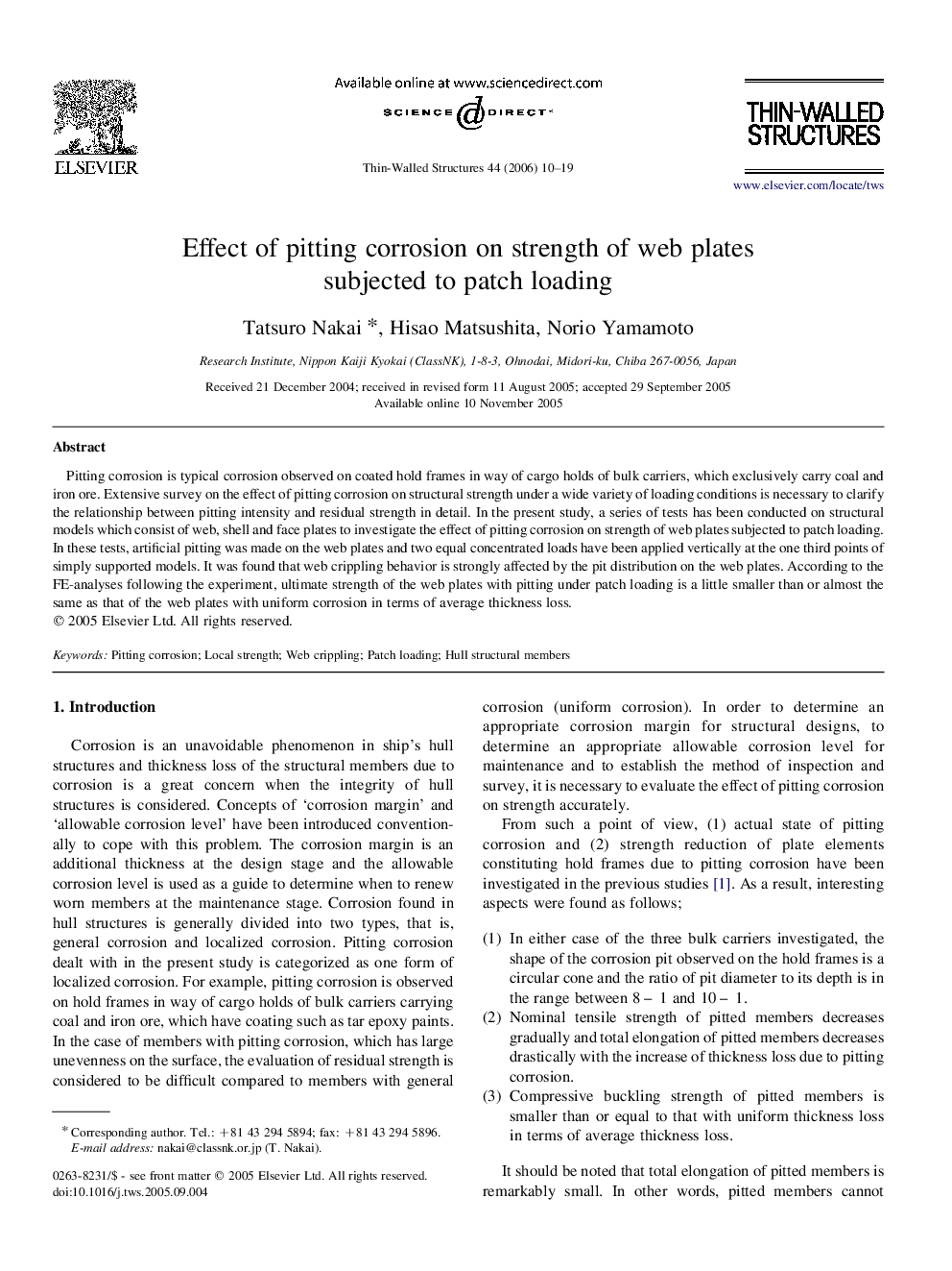 Effect of pitting corrosion on strength of web plates subjected to patch loading