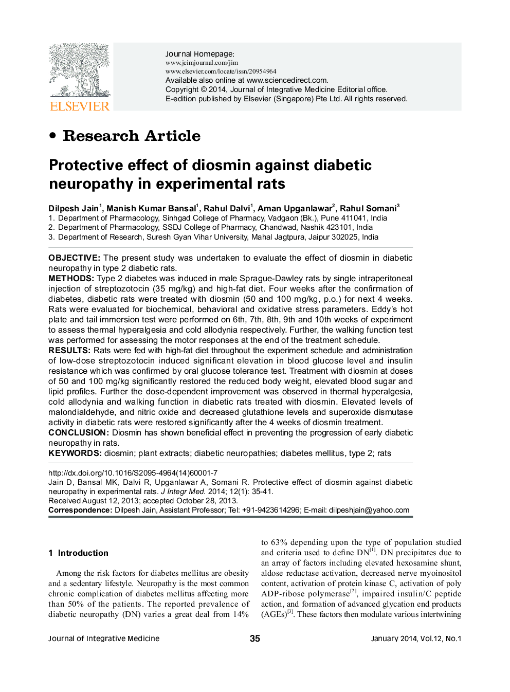 Protective effect of diosmin against diabetic neuropathy in experimental rats