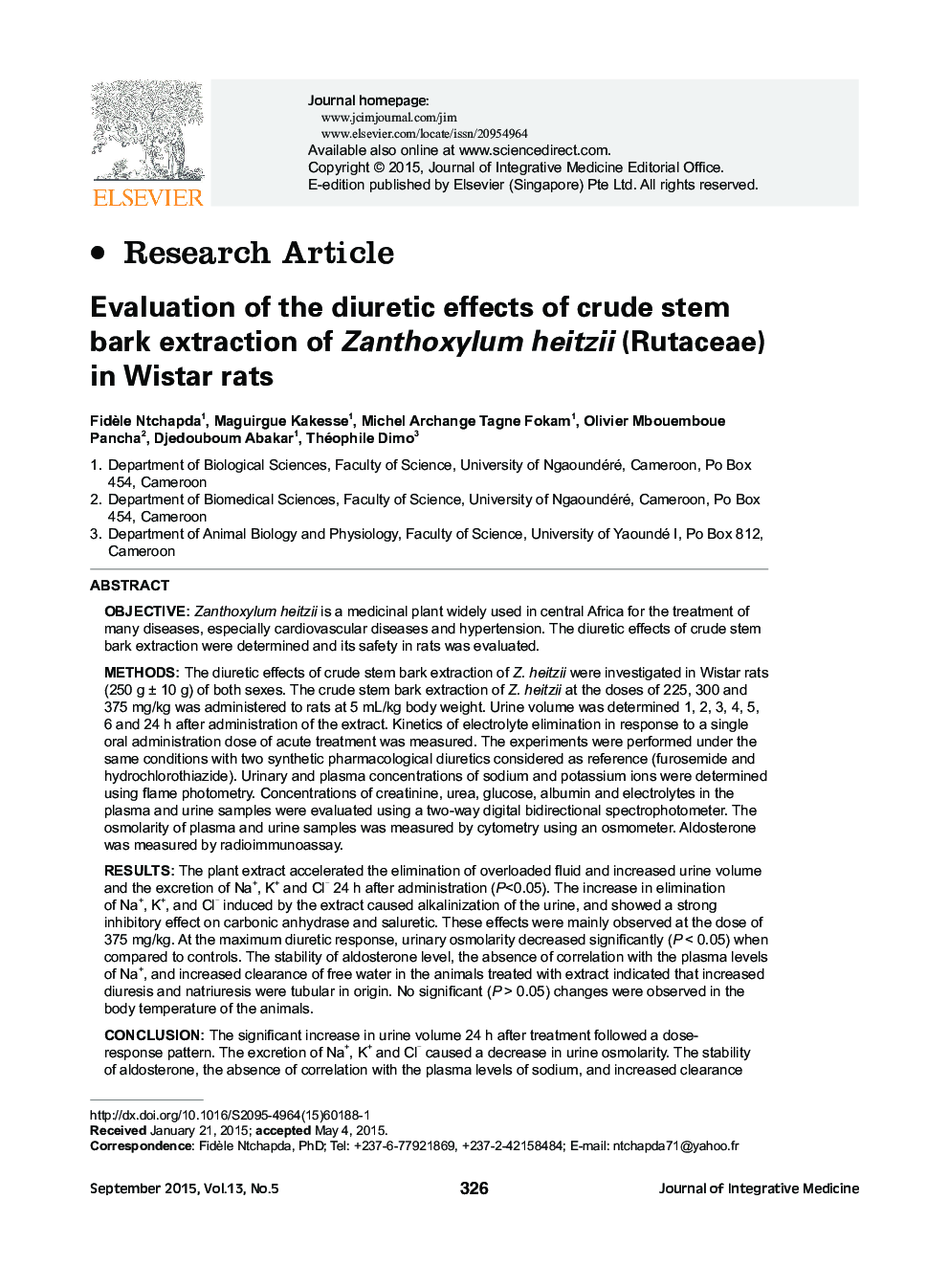 Evaluation of the diuretic effects of crude stem bark extraction of Zanthoxylum heitzii (Rutaceae) in Wistar rats