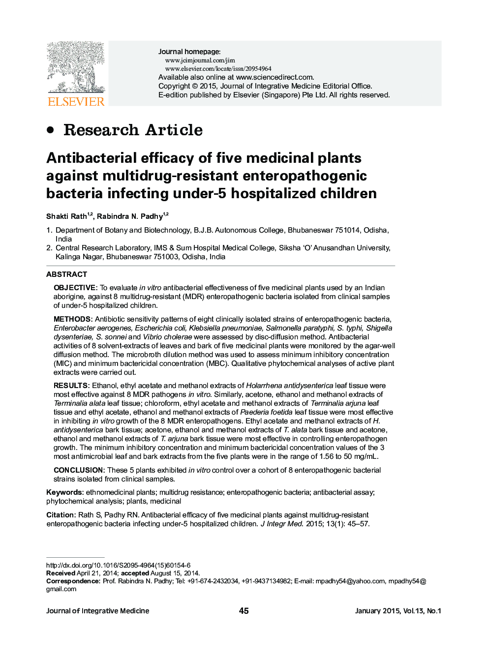 Antibacterial efficacy of five medicinal plants against multidrug-resistant enteropathogenic bacteria infecting under-5 hospitalized children