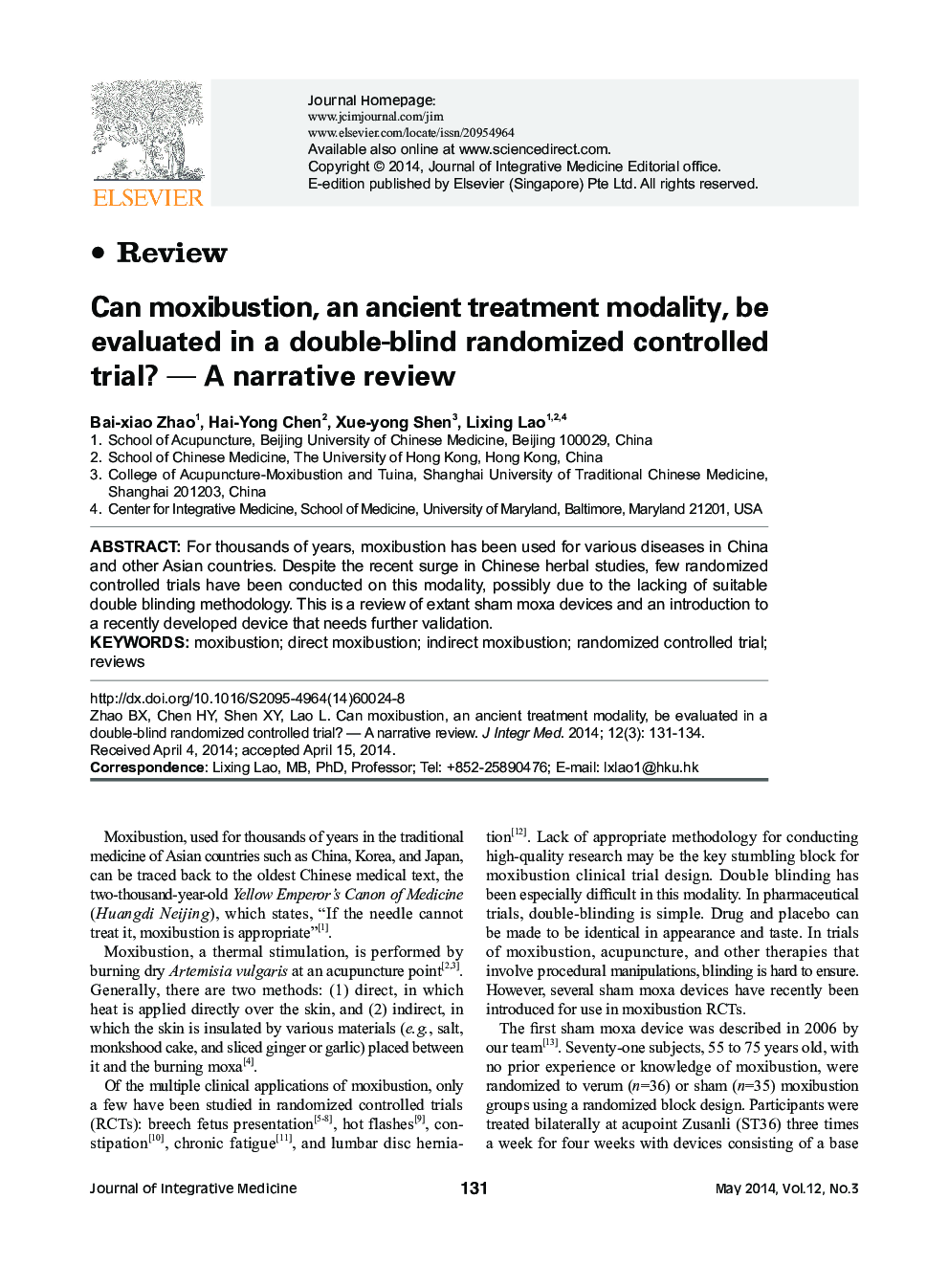 Can moxibustion, an ancient treatment modality, be evaluated in a double-blind randomized controlled trial? - A narrative review