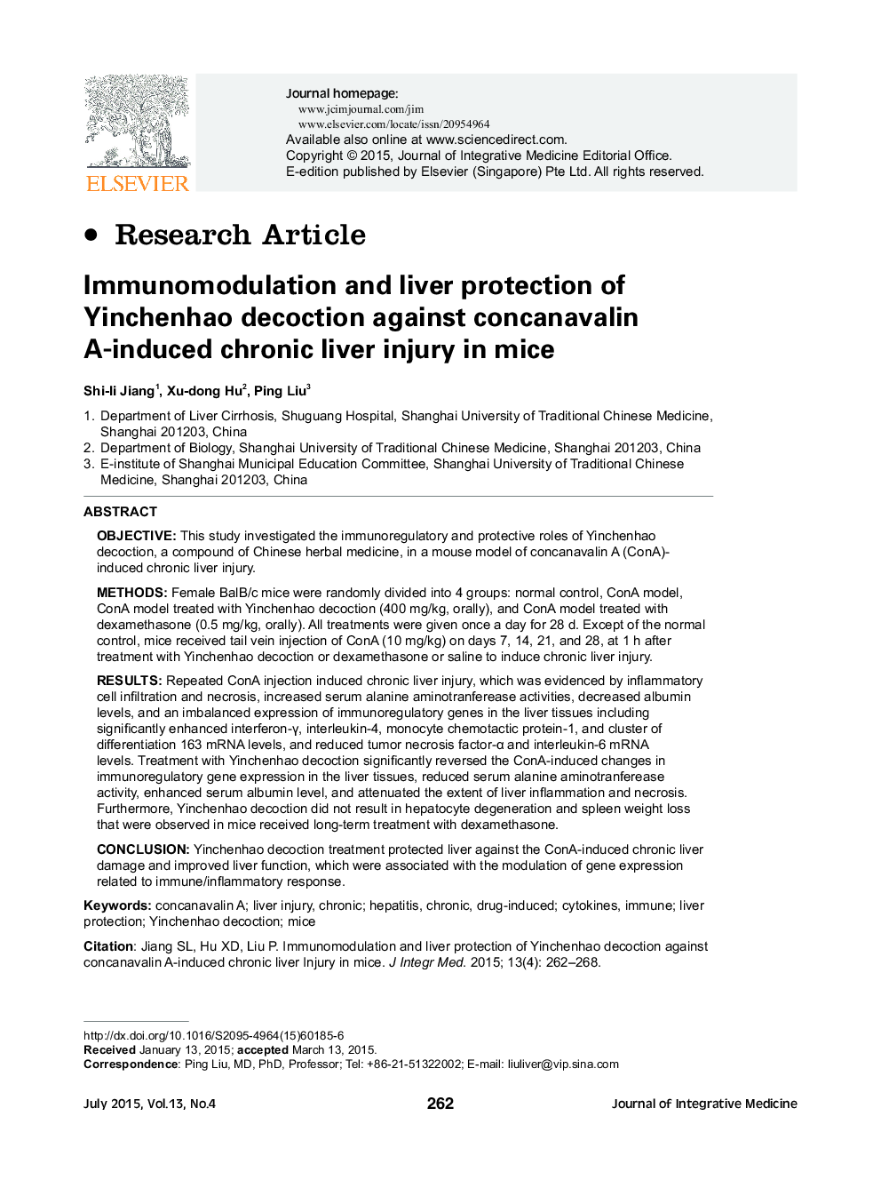 عکس صفحه اول مقاله: Immunomodulation and liver protection of Yinchenhao decoction against concanavalin A-induced chronic liver injury in mice Immunomodulation and liver protection of Yinchenhao decoction against concanavalin A-induced chronic liver injury in mice