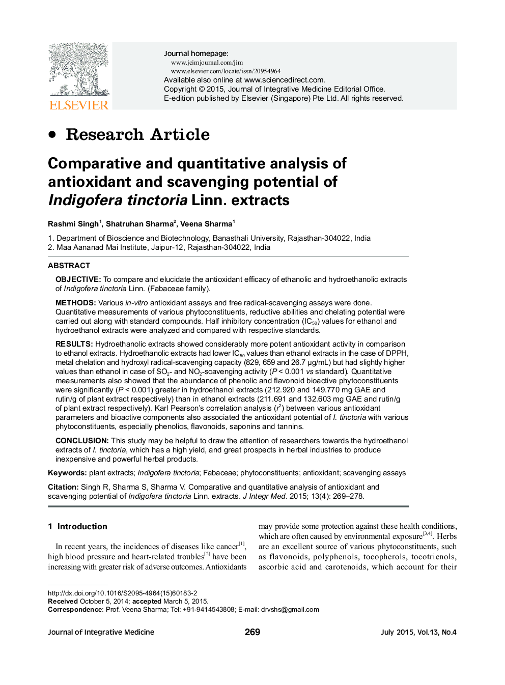 Comparative and quantitative analysis of antioxidant and scavenging potential of Indigofera tinctoria Linn. extracts