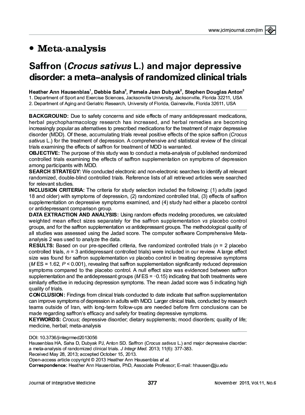 Saffron (Crocus sativus L.) and major depressive disorder: a meta-analysis of randomized clinical trials